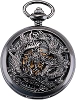 Vista 3 de ManChDa - Reloj de bolsillo mecánico antiguo para hombres Lucky Dragon & Phoenix Retro Skeleton Dial con cadena