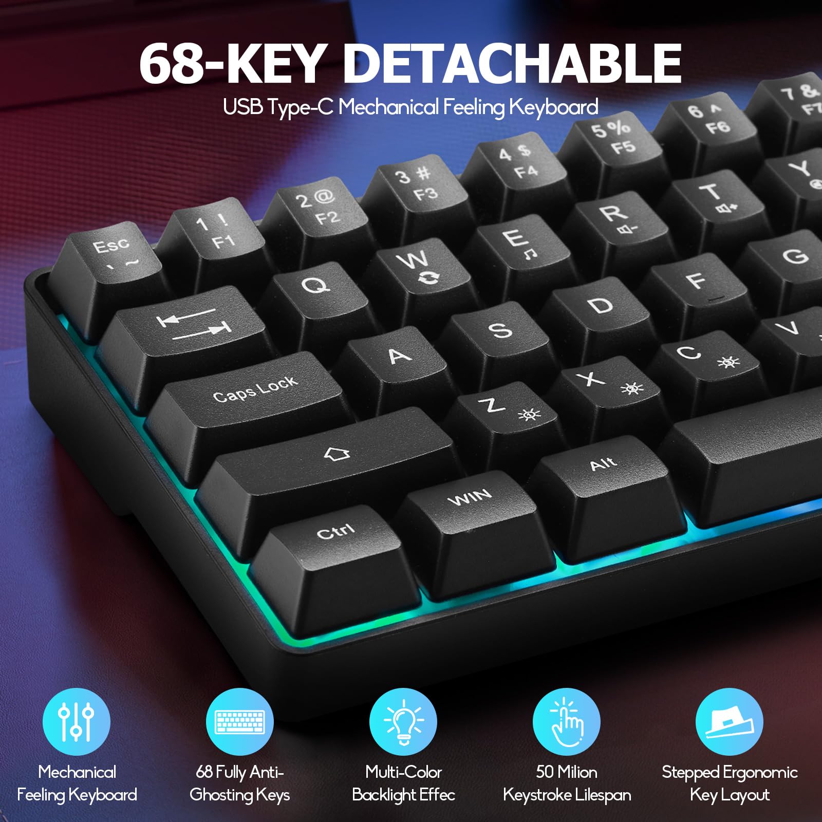 Guiheng Tastiera da gioco cablata al 60% e mouse, ultra-compatta a 61 tasti RGB retroilluminata, leggera ottica 3200 DPI, set da gioco cablato per Windows, PC, Mac, PS5, Xbox Gamer, (nero)