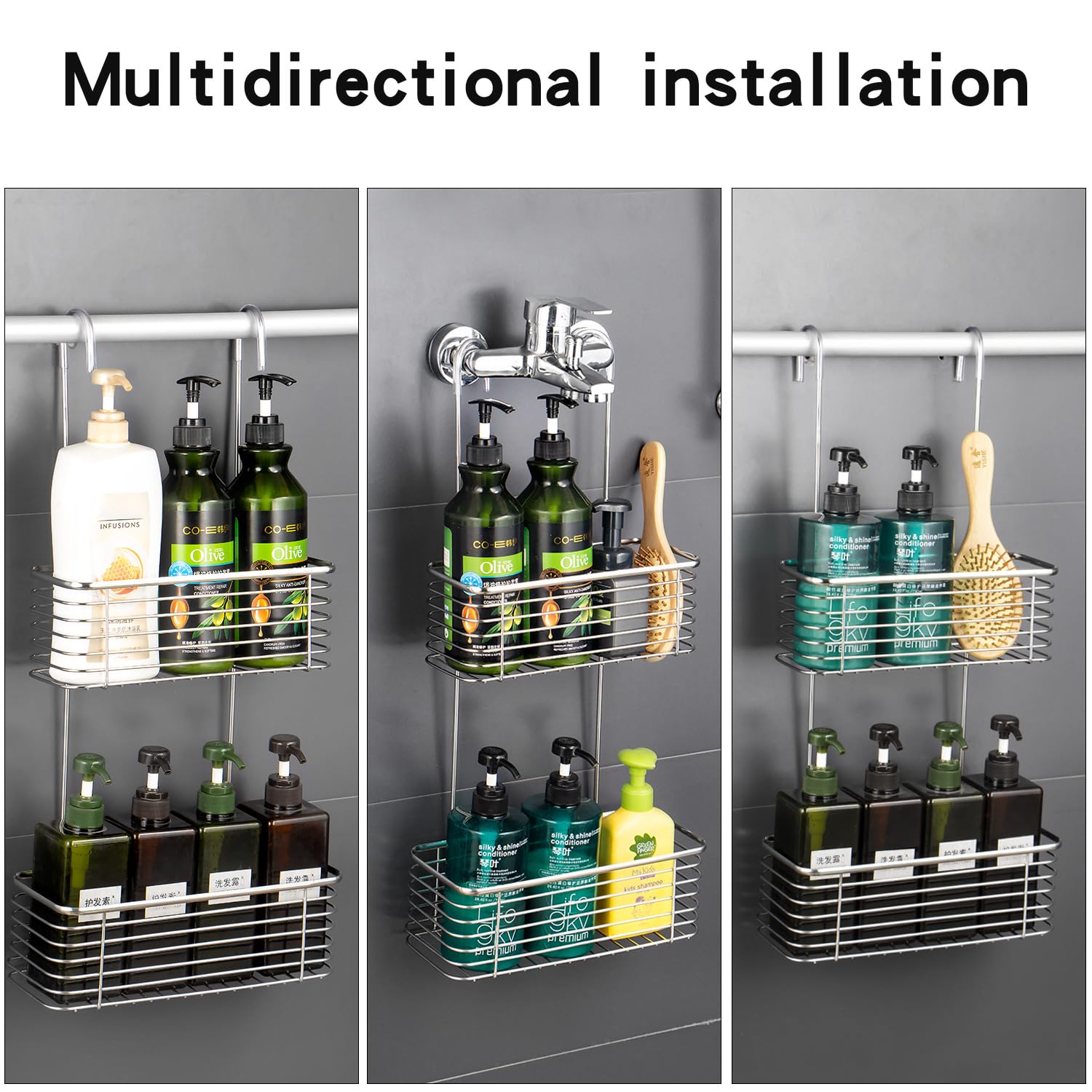 YQh rack doccia appeso, rack per bagno, staffa per shampoo, il gancio posteriore può essere ruotato e può essere appeso al rubinetto o alla barra trasversale, acciaio inossidabile 304 antiruggine