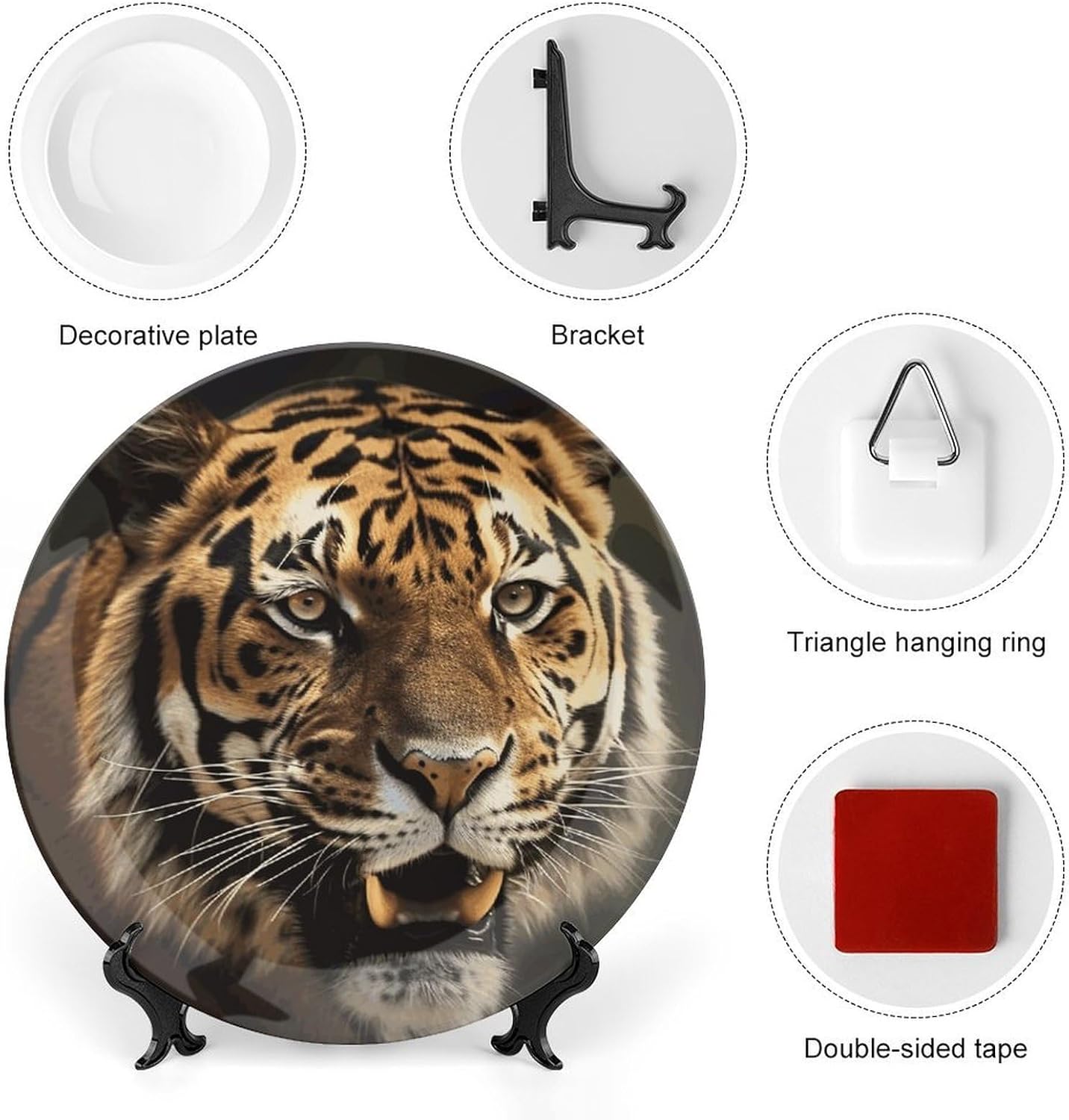 Tiger Decorative Plates for Display Round Porcelain Plate Living Room Table Ceramic Hanging Decorative Plate Art Decor for Living Room Table with 1 Display Stand 8inch