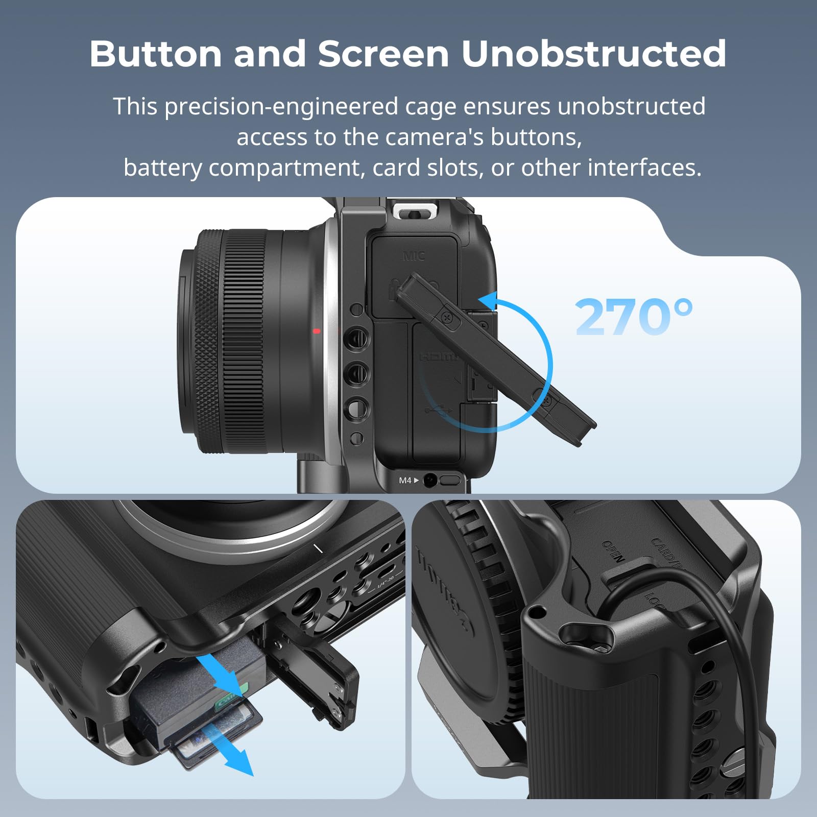 SMALLRIG R50 V Kamerakäfig für Canon R50V, integrierter ergonomischer Silikongriff, Schnellwechselplatte für Arca, 1/4"-20 Gewindebohrung, 3/8"-16 Bohrungen für ARRI, Blitzschuh, (Schwarz) - 5427