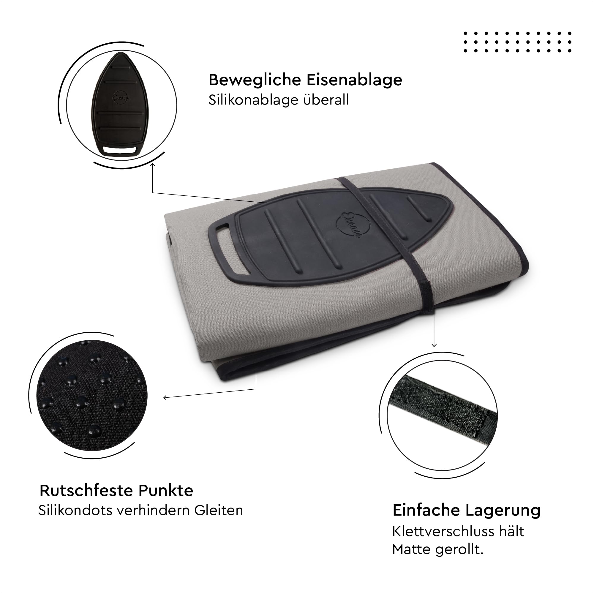 Encasa XO Große Bügelmatte (120x70 cm) mit Rutschfestem Silikonbügelhalter, 3mm Polsterung. Tragbare, Hitzebeständige Decke für Tisch - Grau