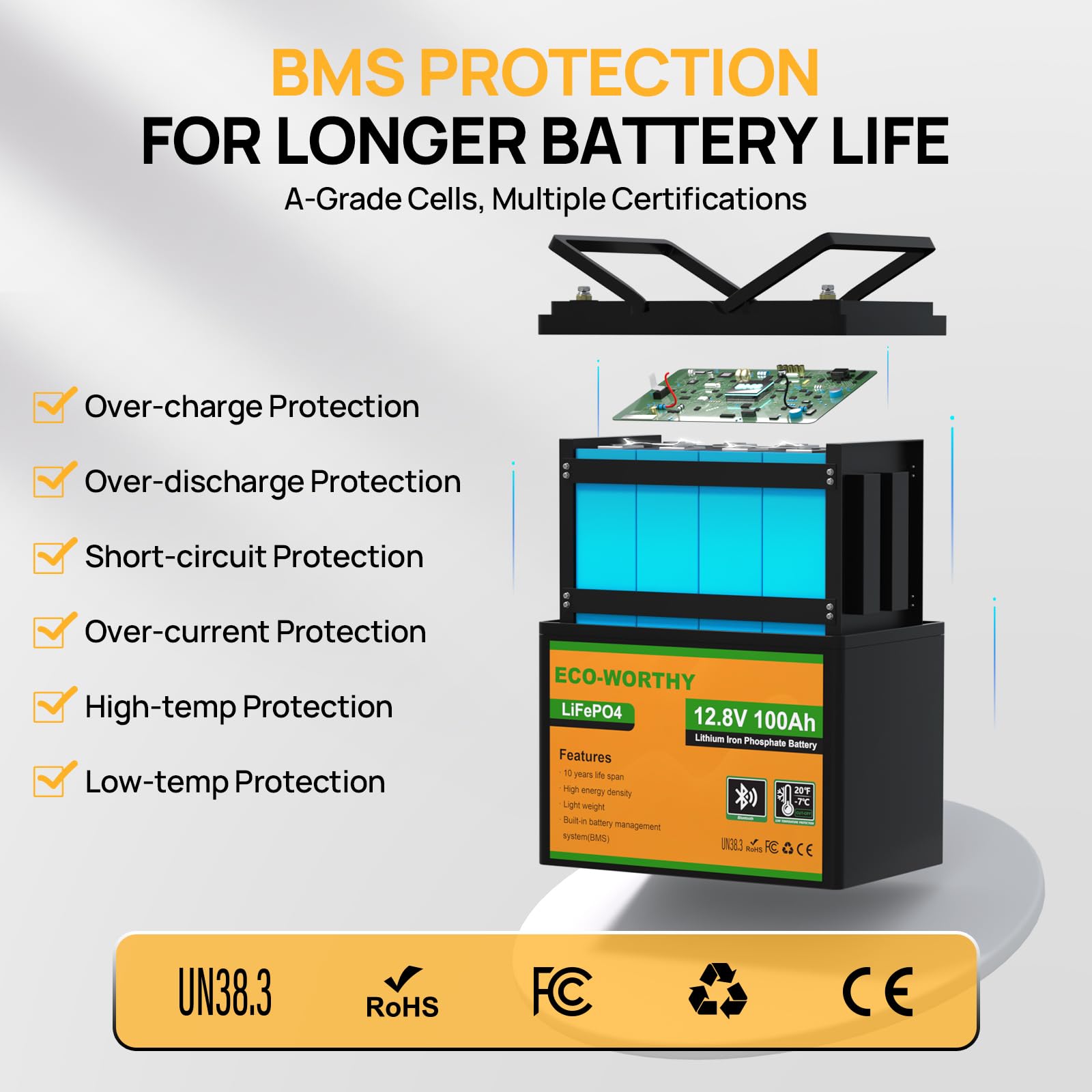 ECO-WORTHY Bateria litowa Bluetooth 12 V, 100 AH, LiFePO4 akumulator, inteligentny BMS, z ochroną w niskiej temperaturze, 1280 Wh do przyczep kamperów, samochodów kempingowych, łodzi