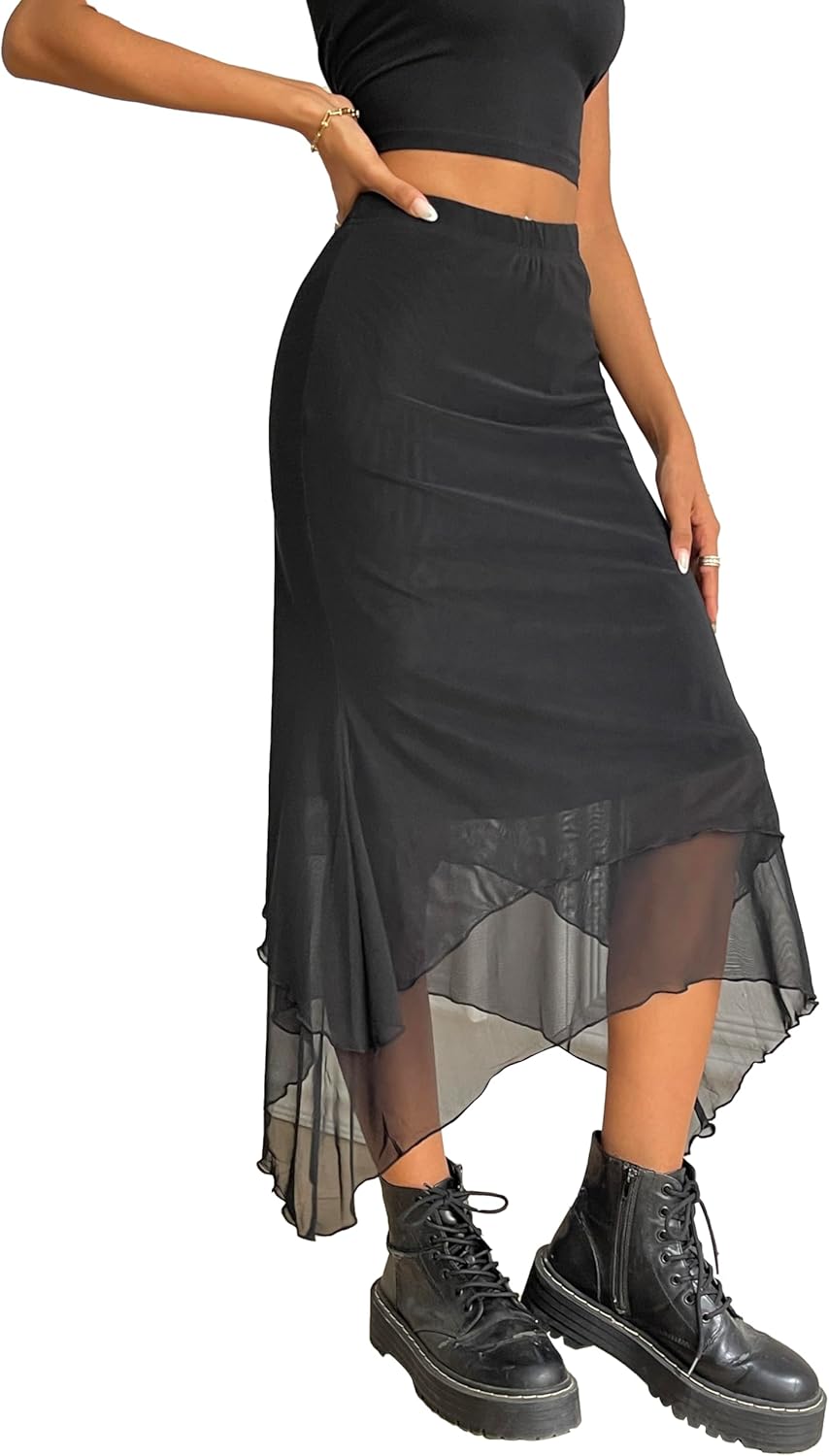 Avanova Women Mesh Asymmetrical Mermaid Midi Skirt High Waist Fishtail Long Skirt - Image 4