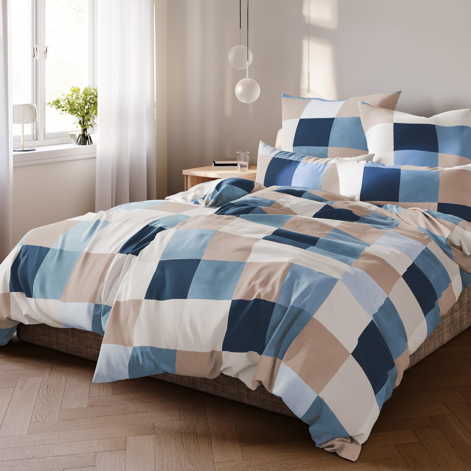 Pure Label Karierte Bettwäsche Set 4tlg 155x220 40x80 blau aus Baumwolle | Waschbar bei 60∘C - Atmungsaktiv für Sommer & Winter - pflegeleicht