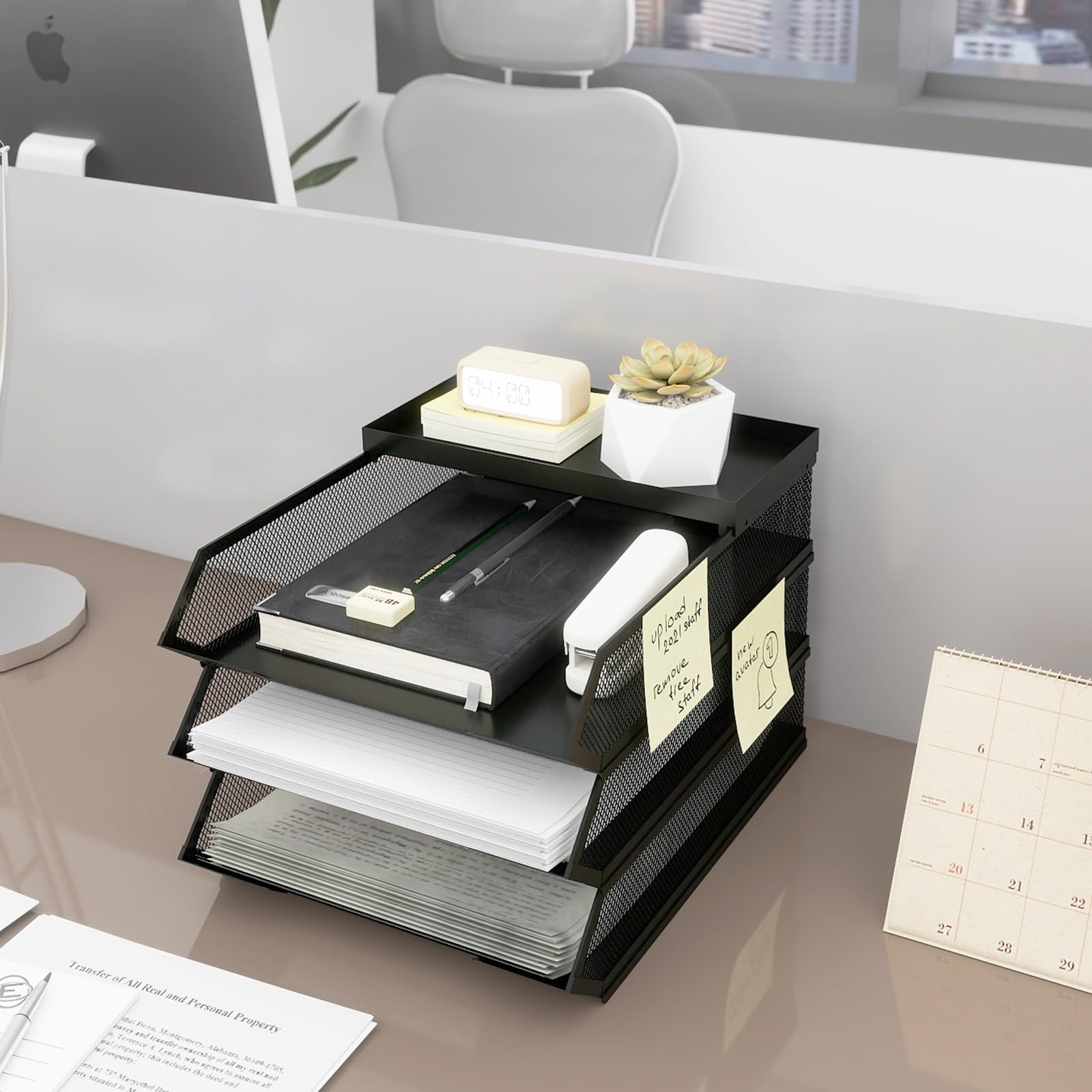 PUNCIA Bandejas Apilables 3 Niveles de Oficina Bandeja Metálica para Documentos A4 Organizador Escritorio de Papeles Archivador Clasificador con Bandejita Superior Negro
