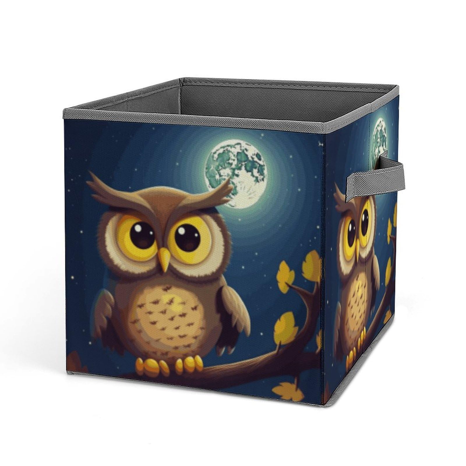 BTCOWZRV Owl And Yellow Moon Cube Storage Bins - 11 Inch Heavy Duty Fabric Closet Bins for Shelves, Cube Organizer - Collapsible Storage Boxes with Handle Decorative Clothing Storage Baskets