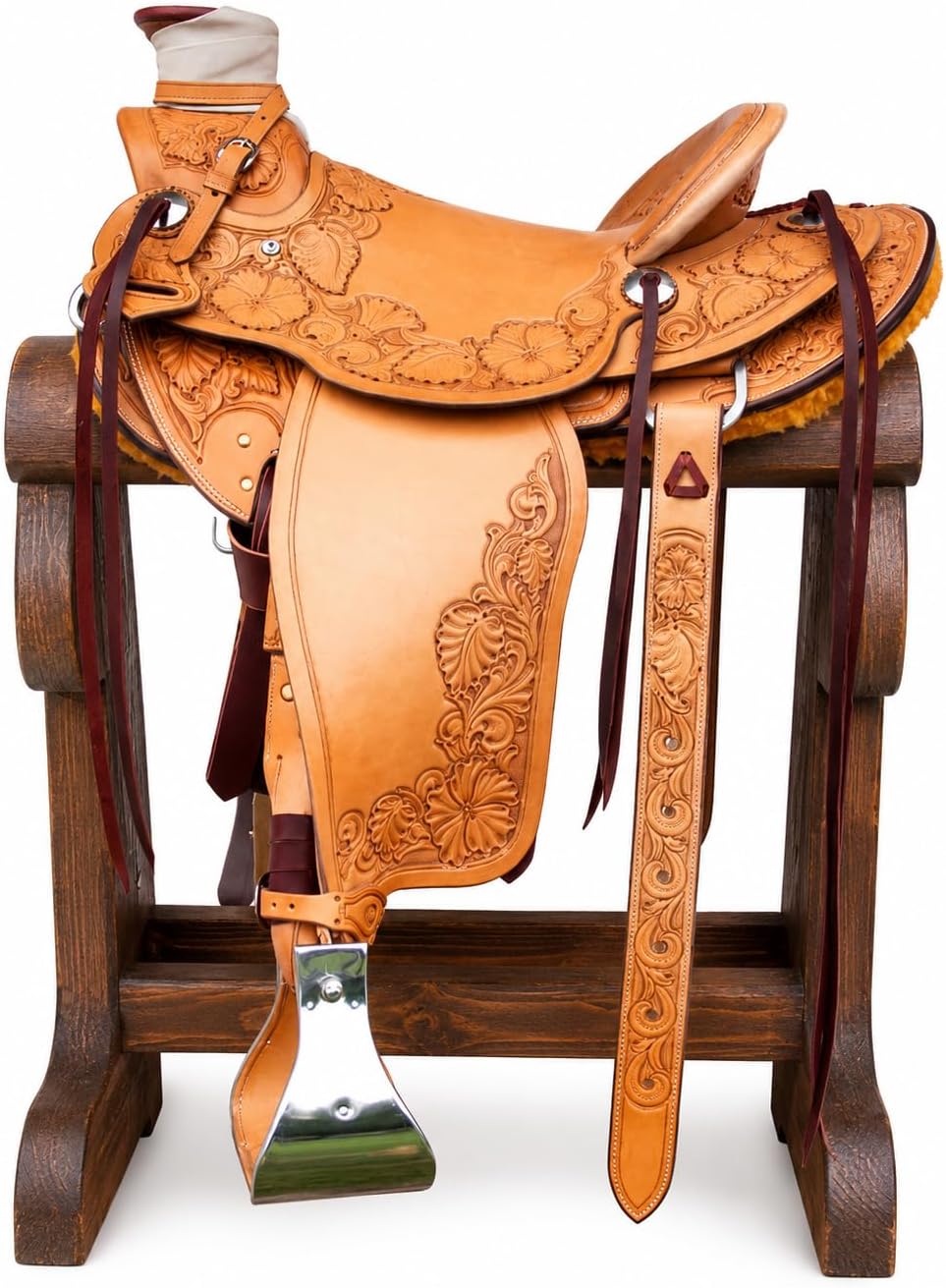 Wade Tree A Fork Roping Ranch Work Horse Saddle Handmade Tooled Carved Premium Leather Western Equestrian Trail Tack Adult & Pony Horse Riding Saddle, Size: 10-18 inch Seat, WD-25