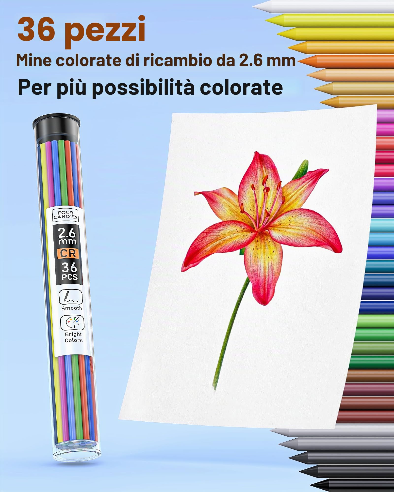 Four Candies Matite meccaniche colorate, matite meccaniche cancellabili con temperamatite e borsa, strumenti di disegno estetico, ideali per principianti 2,6 mm, 36 pezzi