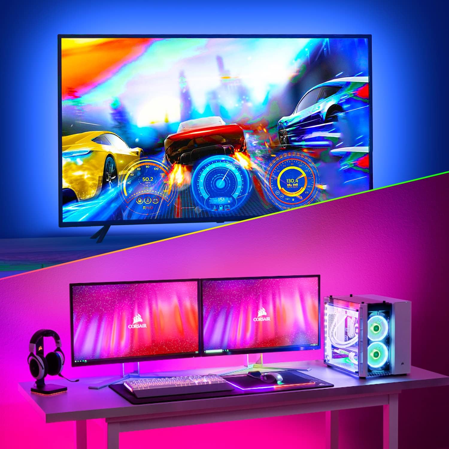 Diagram showing USB power connection and custom length for TV LED strips