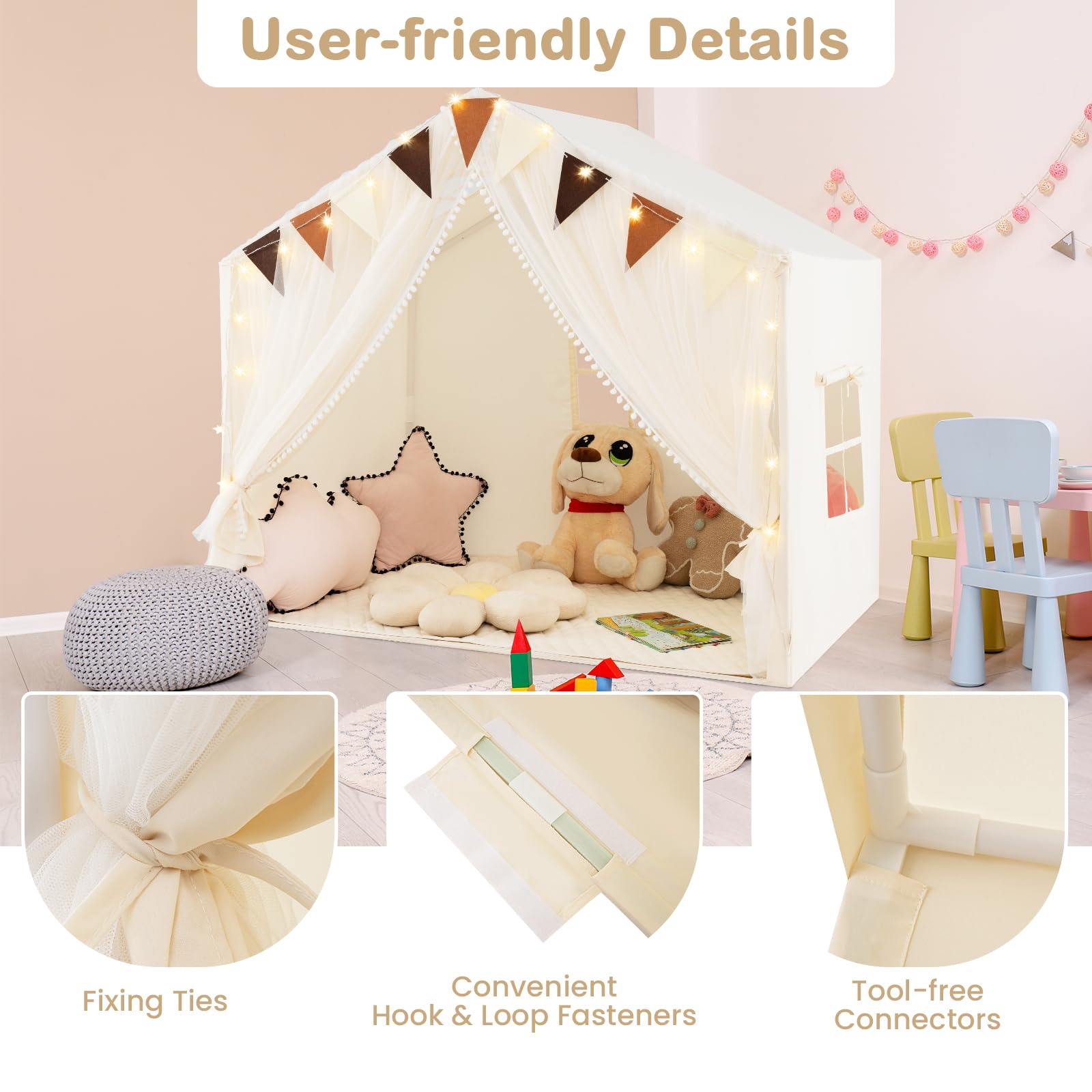 HOMASIS Kinderzelt Indoor, Spielhaus mit Matte & Lichtern & Vorhang & Flaggen, Spielzelt aus Baumwolle, Prinzessin Zelt für Mädchen & Jungen ab 3 Jahren, Kinderspielhaus für Kinderzimmer (Beige)