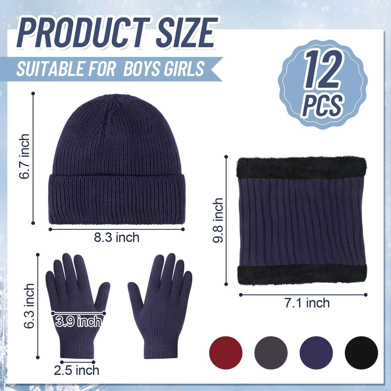 Lot de 12 bonnets, gants et écharpes pour enfants de 5 à 8 ans - Bonnet tricoté - Moufles de ski - Gants et écharpes chaudes - Cadeau idéal pour garçons et filles, Classique, 6.7 x 8.3 inches/ 17 x 21