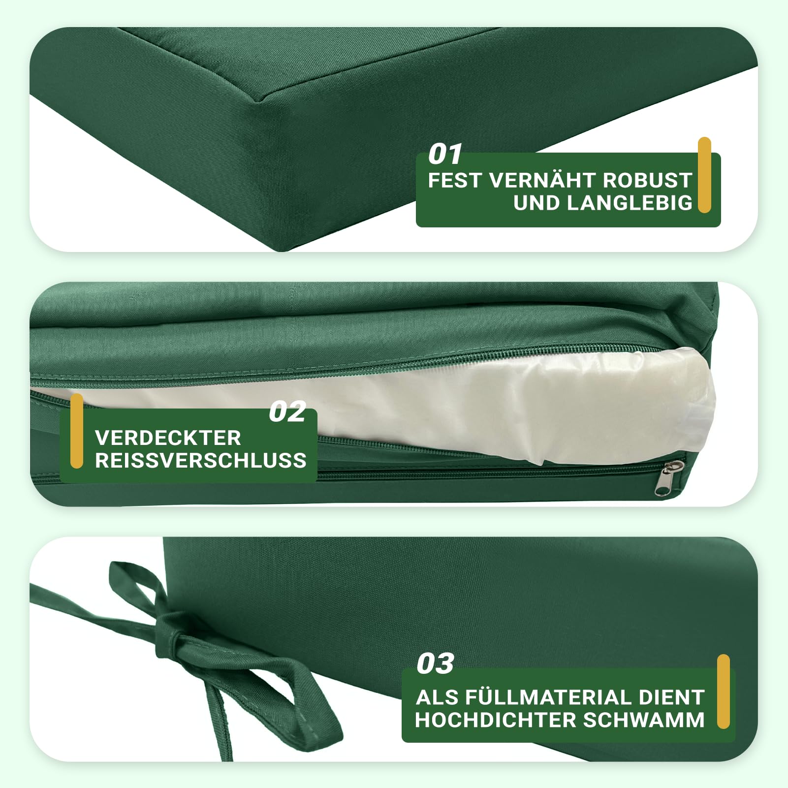 Coussin de banc d'extérieur de 8 cm d'épaisseur - 107 x 46 x 8 cm - Imperméable - Avec design antidérapant - Pour les amateurs de décoration (vert foncé, 150 x 46 x 8 cm)