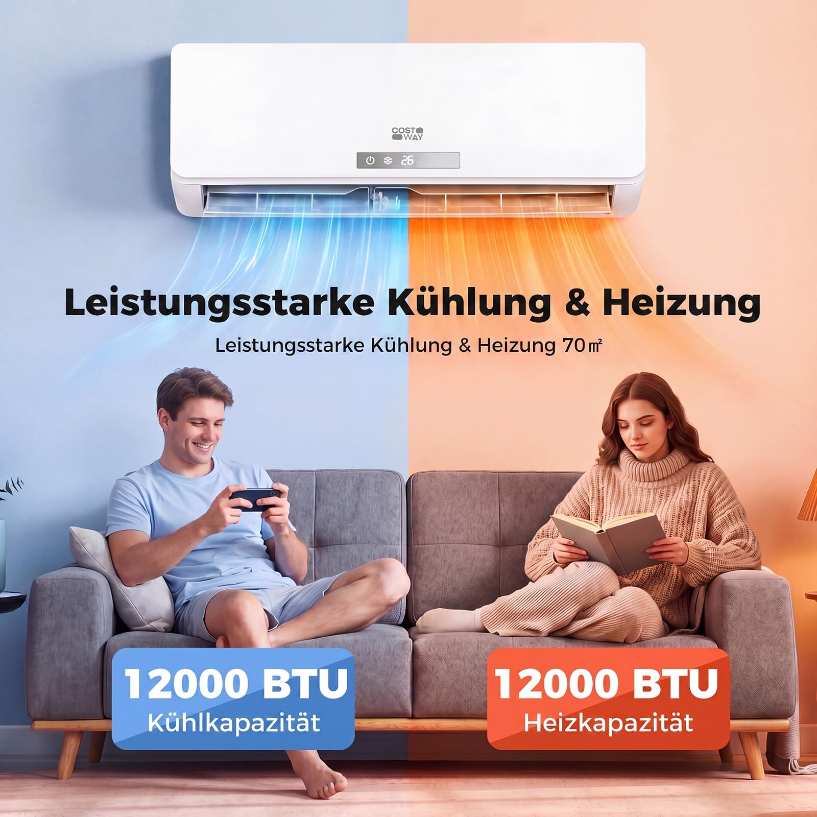 COSTWAY Klimaanlage Split 12000BTU, 3,4kW | Klimagerät leise mit Heizfunktion, WiFi & App & R32 Kältemittel, Klimasplittgeräte inkl. Montagematerial, Air Conditioner