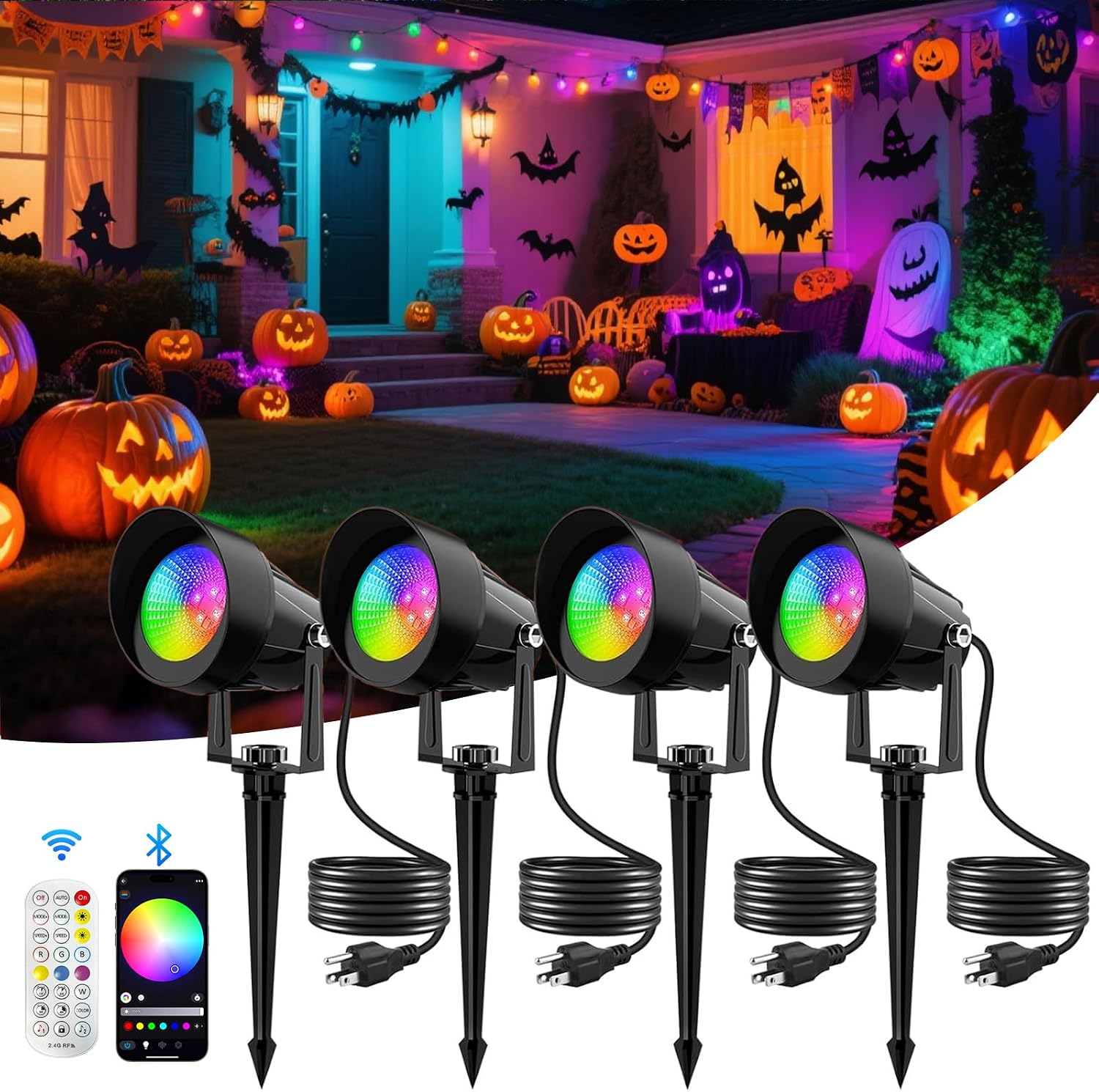 Spot Lights Outdoor, Smart LED RGBW Color Changing Landscape Lighting with APP and Remote Control, Music Mode, DIY Scenes, Timing, IP65 Waterproof Spotlights Plug in for Yard Garden, 4 Pack