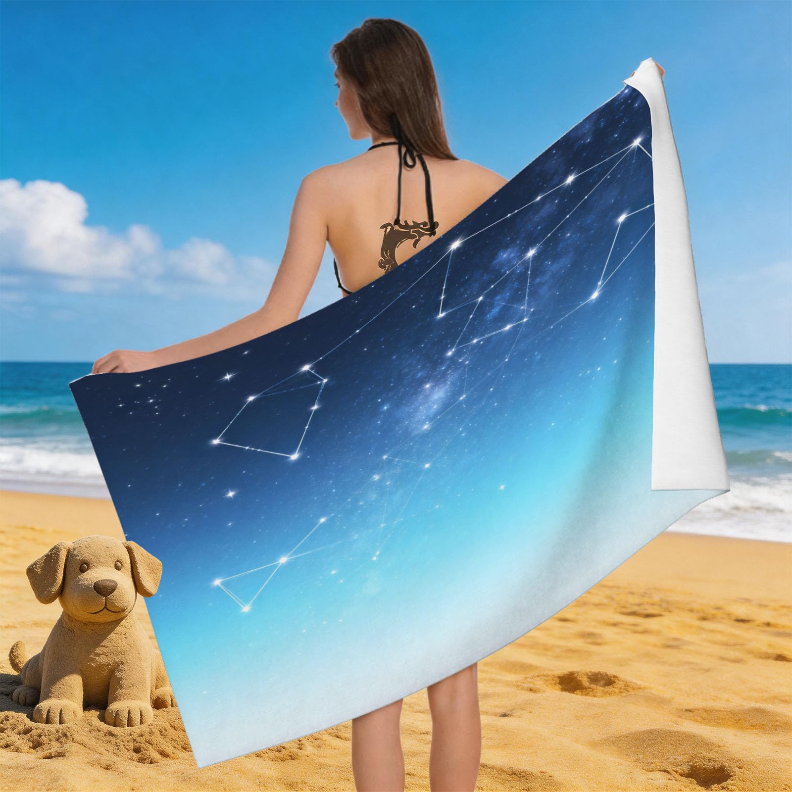 Leichong 3D Constellation Theme Beach Towel Microfiber Soft Quick Dry for Adults, Night Sky Bath Towel Lightweight Soft Absorbent for Travel Swimming Pool Sports, 75 x 150 cm