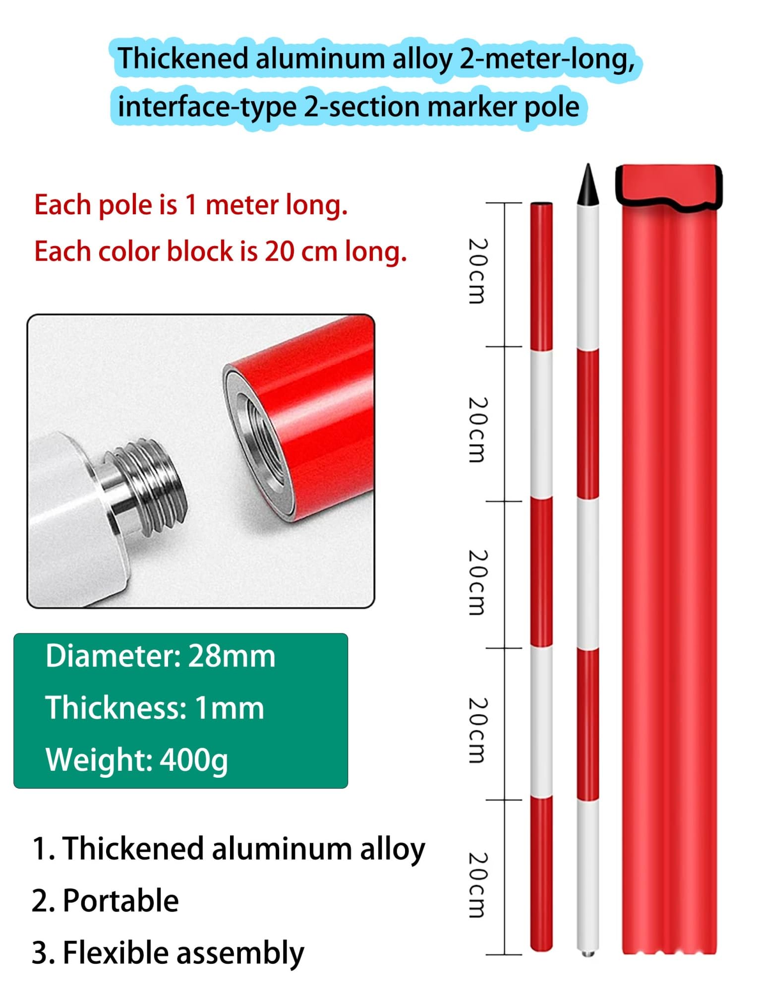 Genérico Vara de medición Desmontable de Aluminio de 200 cm para levantamientos topográficos, Marcado de Obras, mediciones de ingeniería, Vara de medición Duradera y Ligera.