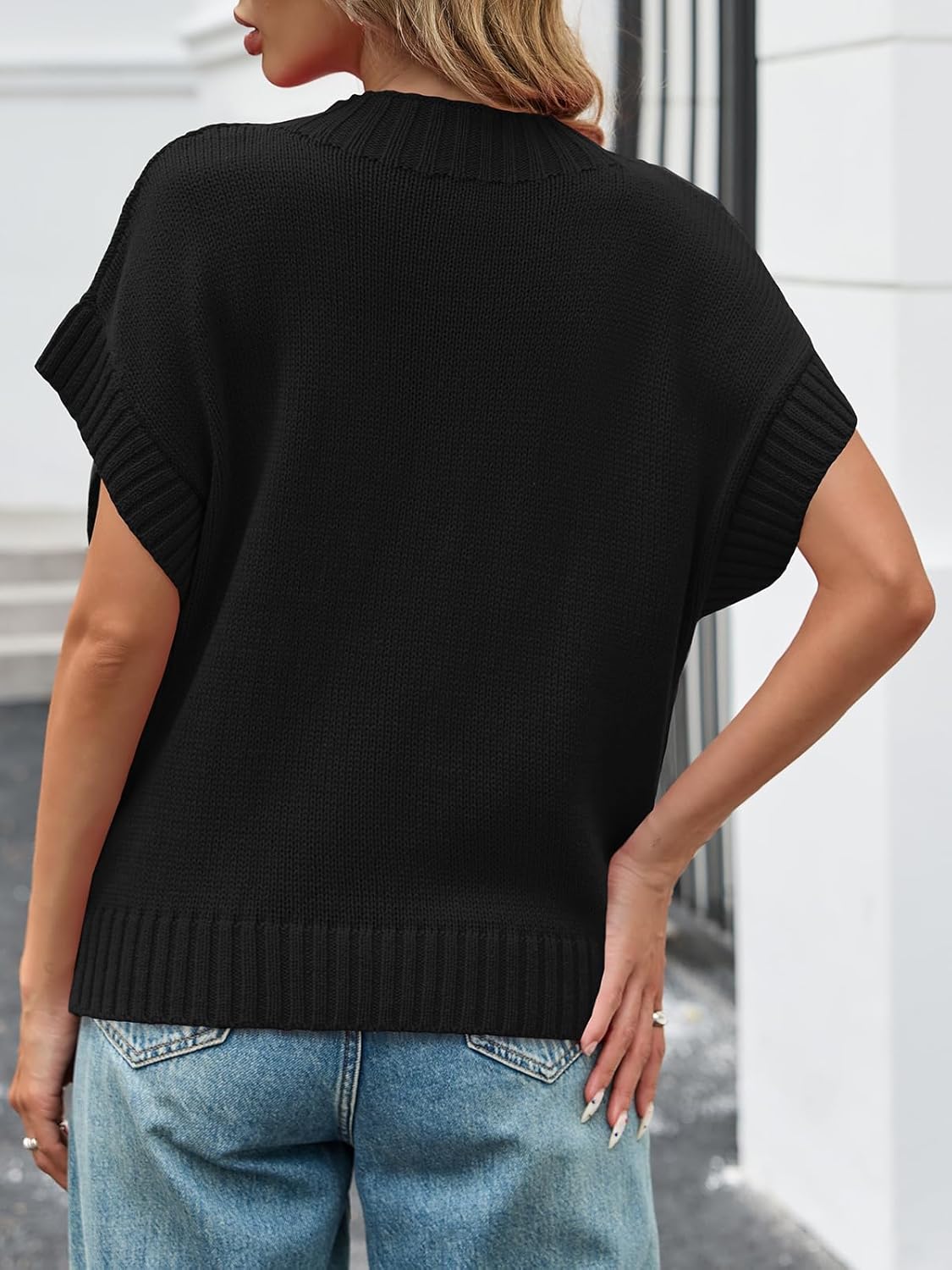 Saodimallsu Womens Cap Sleeve Cropped Sweater Mock Neck Cute Heart Loose Valentine Knit Tank Tops - Image 6