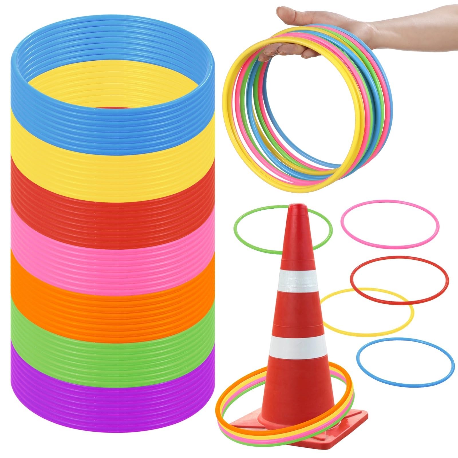 60 szt. duże plastikowe pierścienie, 7 cali posortowane pierścienie do rzucania w 7 kolorach, kolorowe pierścienie karnawałowe z tworzywa sztucznego, gra rzucania na zewnątrz, gra tempa i ruchliwość