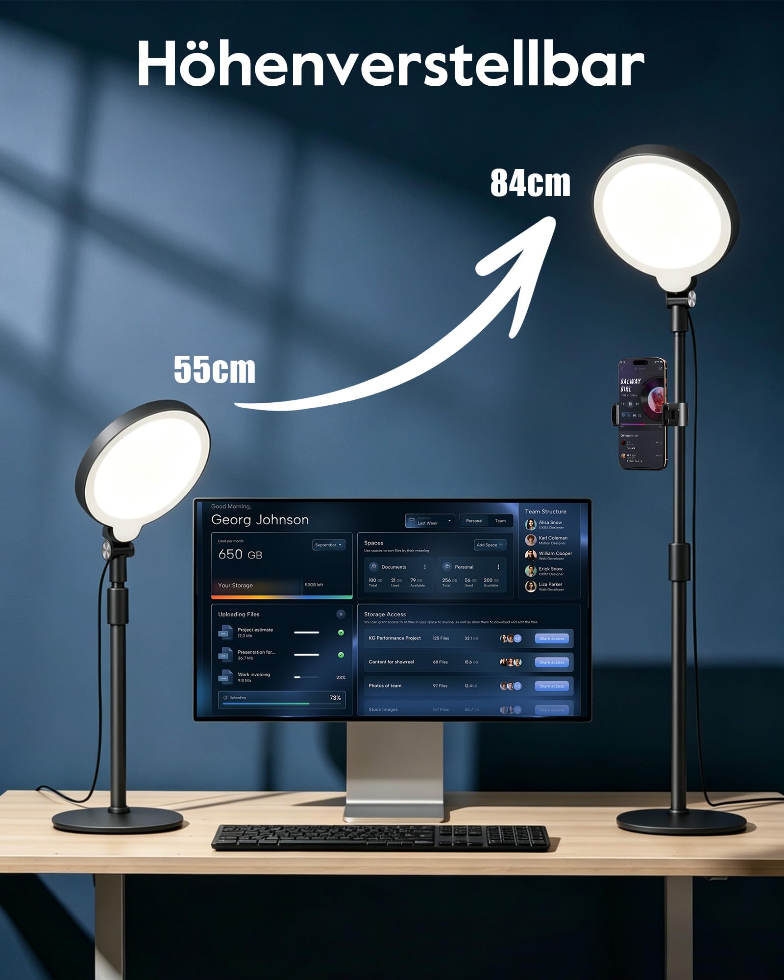 Ringlicht mit Ständer, Schreibtischlampe mit 3 Farbtemperaturen & 10 Helligkeitsstufen, CRI>97,8 Streaming Licht für YouTube Tiktok Videokonferenzen Homeoffice