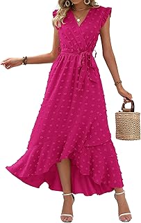 Women V Neck Summer Dress 2025 Cap Sleeve Swiss Dot Boho Flowy Ruffle Slit Beach Party Long Maxi Cocktail Dresses - Buy now