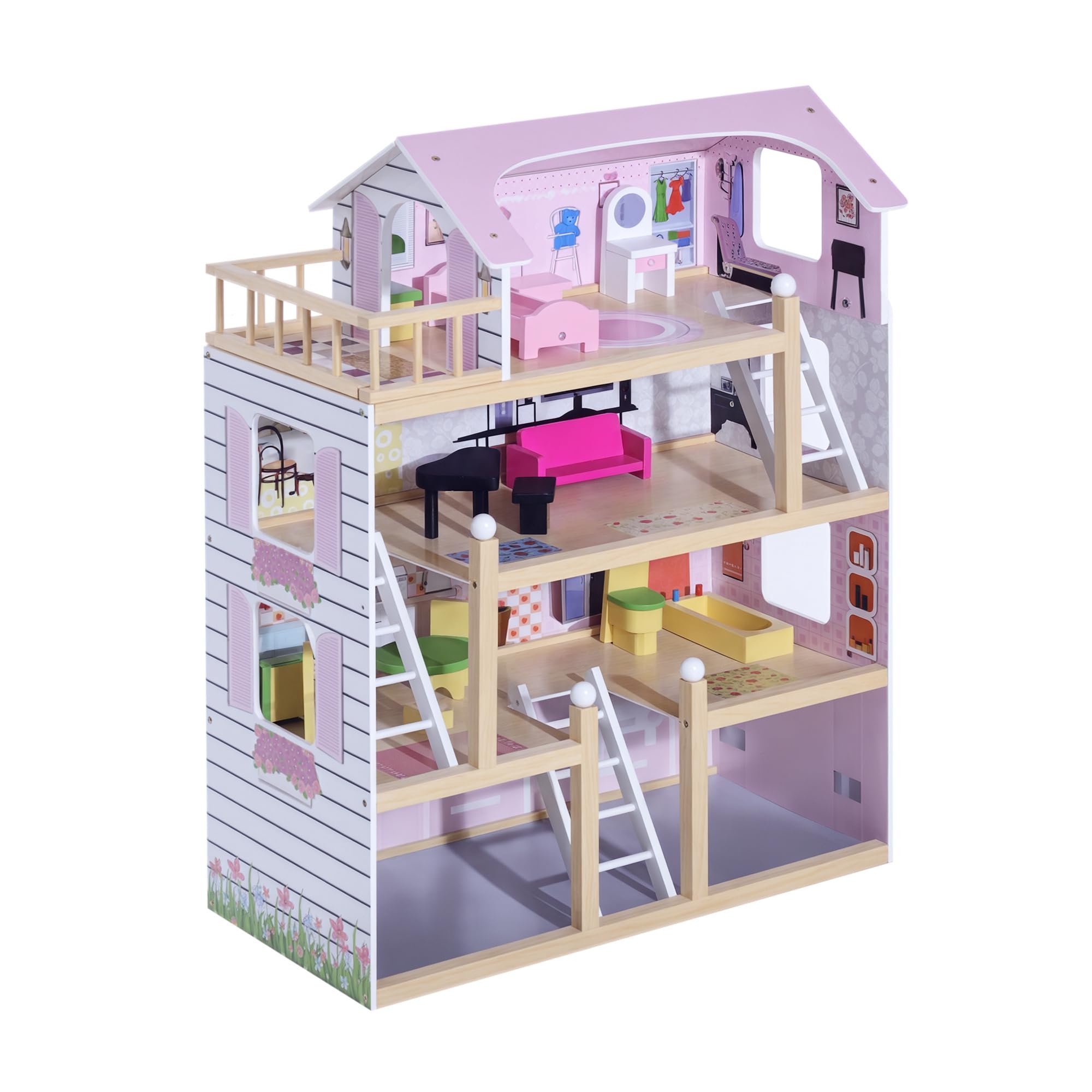 HOMCOM Casa de Muñecas de Madera con Muebles de 4 Niveles Altura 80,​5 cm con 13 Accesorios Casita de Muñecas para Niñas Jueguete para Niños 60,​5x30x80,​5 cm Rosa