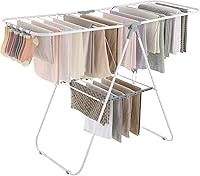 SONGMICS Foldable Clothes Drying Rack with Adjustable Gullwings & Sock Clips, 55lb Steel Airer, Rust-Resistant, Indoor/Outdoor ULLR052W02 White/Gray