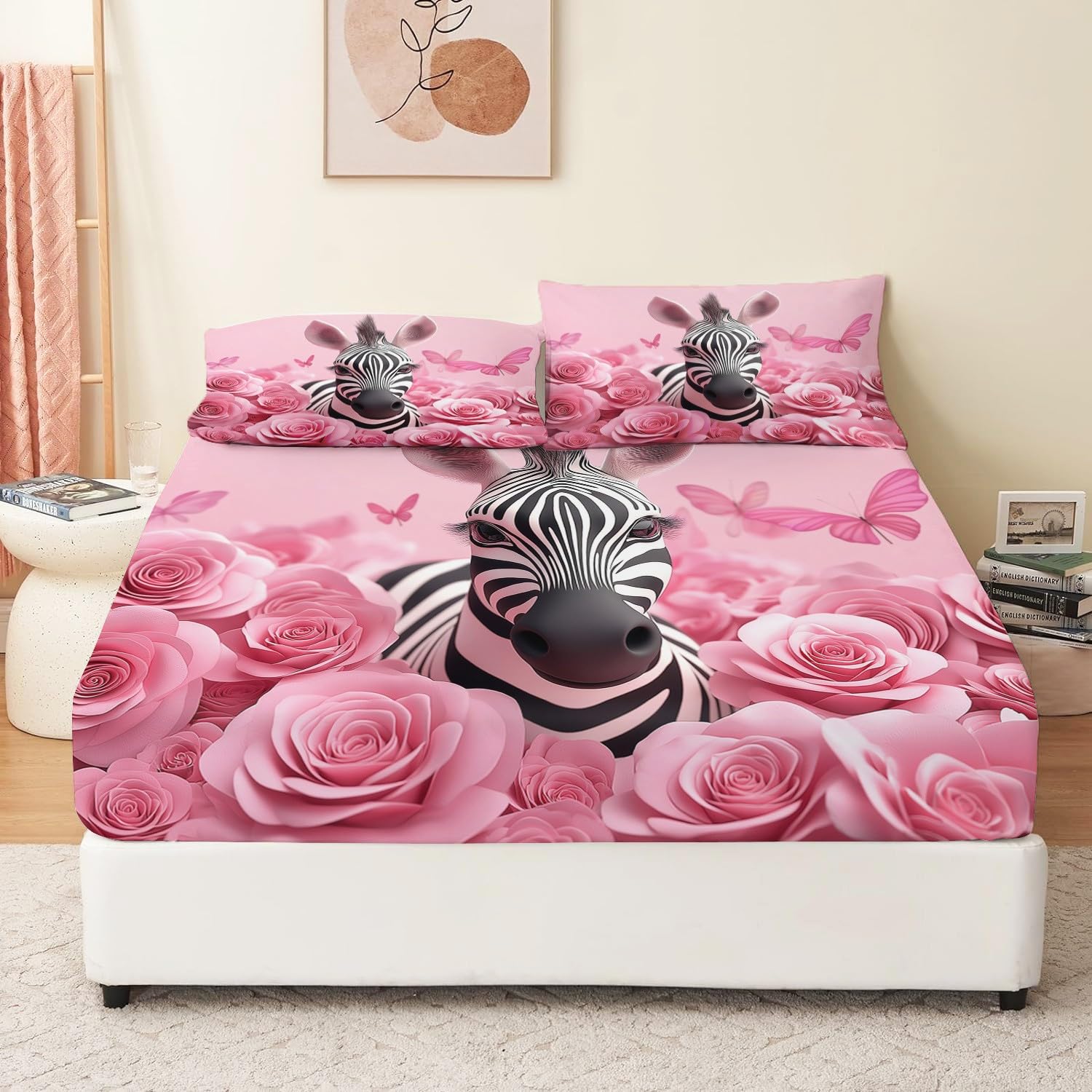 Lenzuolo con angoli 160 x 200 cm Simpatica rosa zebrata Biancheria da letto 3 pezzi con angoli stampati Rosa Lenzuolo Lenzuolo con angoli extra profondo con federe