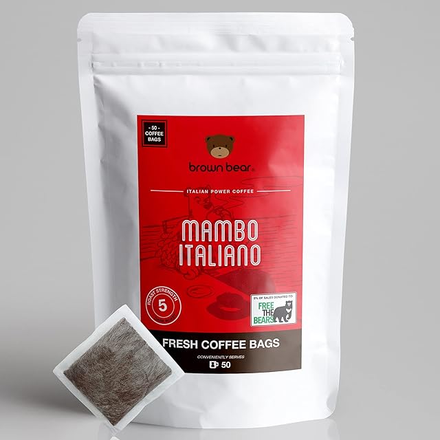 Strong Dark Roast Ground Coffee Bags - 50 Coffee Bags - Brown Bear Mambo Italiano Strong Espresso Blend - Strength 5 - Donation to Free The Bears - Individual Coffee Bags Like Tea Bags