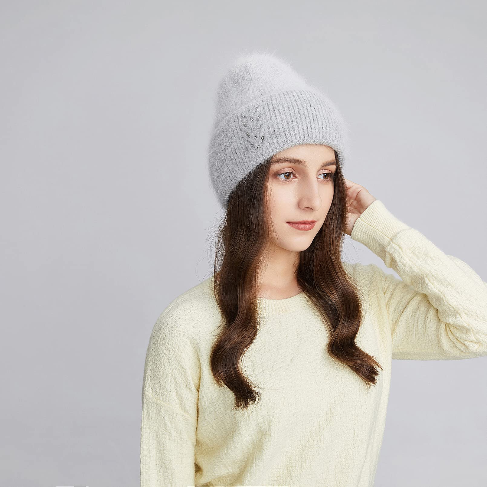 BeFur Bonnet à pompon en cachemire pour femme - Chaud - Côté large avec strass - Pour l'hiver, gris clair, Taille unique