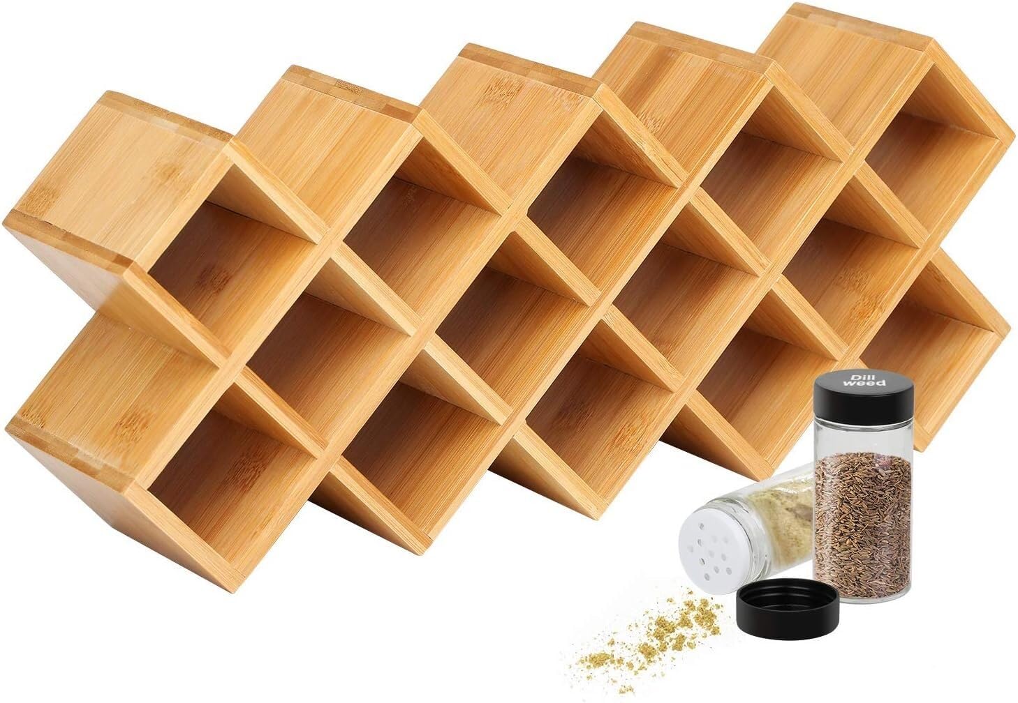 Portaspezie Portacondimenti 14 griglie Portaspezie in bambù Organizzatore da bancone Scaffale da scrivania incrociato adatto per barattoli di spezie, bottiglie, contenitori da cucina, organizer per