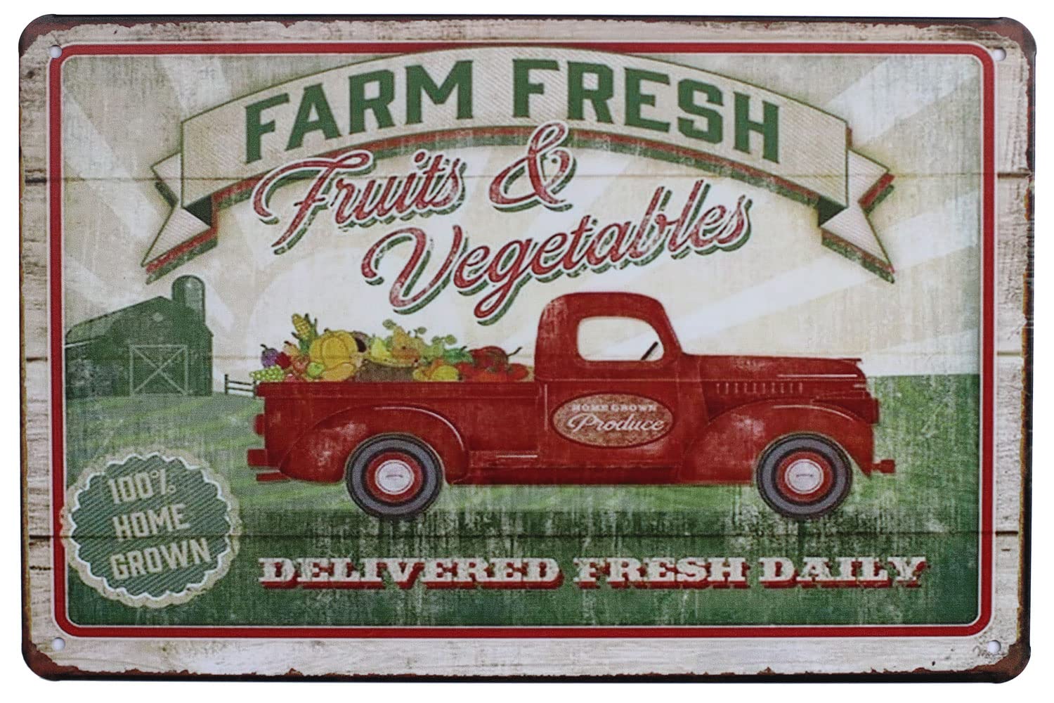 Smartaian Red Farm Fresh Fruits & Vegetables Delive Fresh Daily Vintage Tin Metal Sign Home Wall Plaque Decor