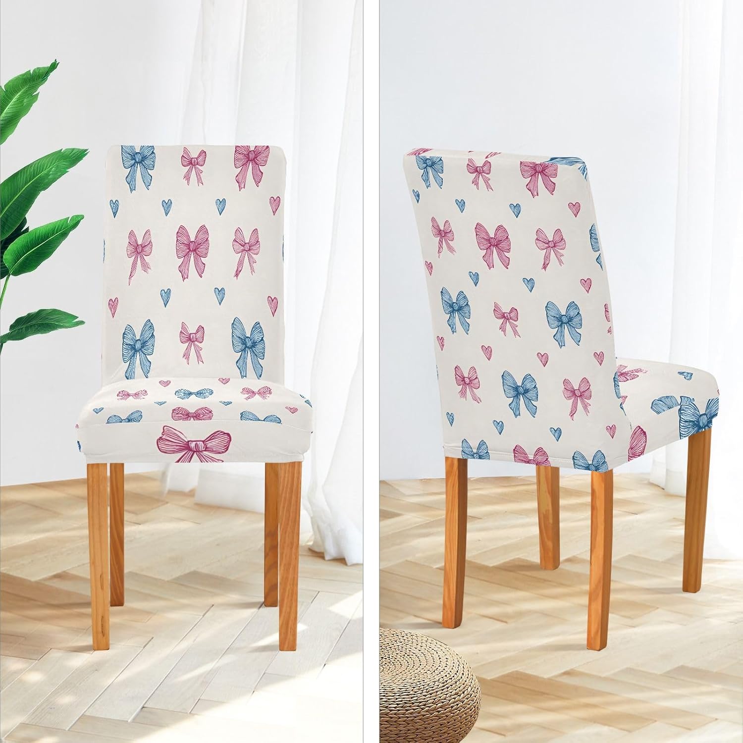 ALAZA Chair Covers for Dining Room, Blue Pink Bow Heart Pattern Stretch Chair Cover Sets Chair Protector Removable Washable for Ktichen Restaurant Hotel