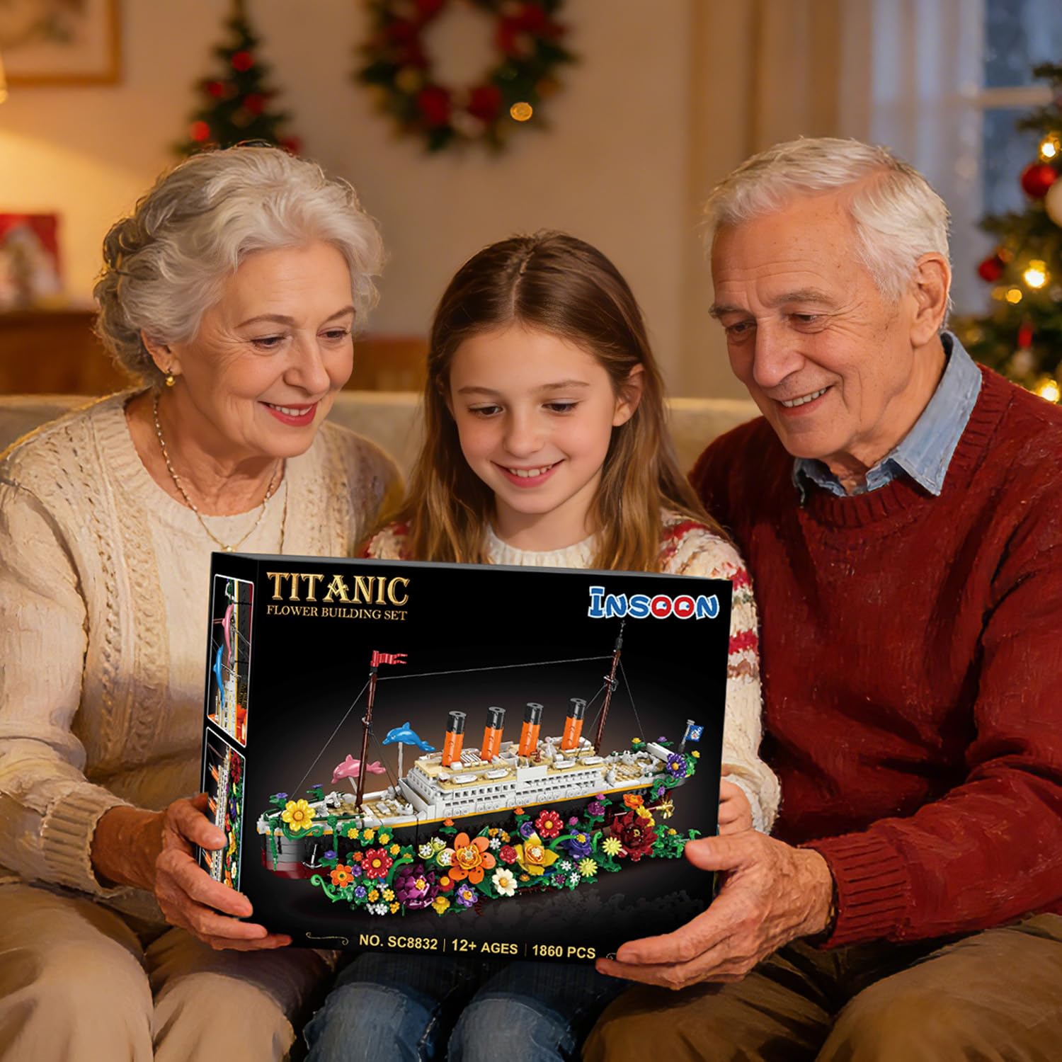INSOON Blumen Titanic Juguete de construcción con luz, barco Titanic con flores, delfines botánicos, 1860 piezas modelo de barco, ladrillos de sujeción, regalo para adultos, niños, niños y niños