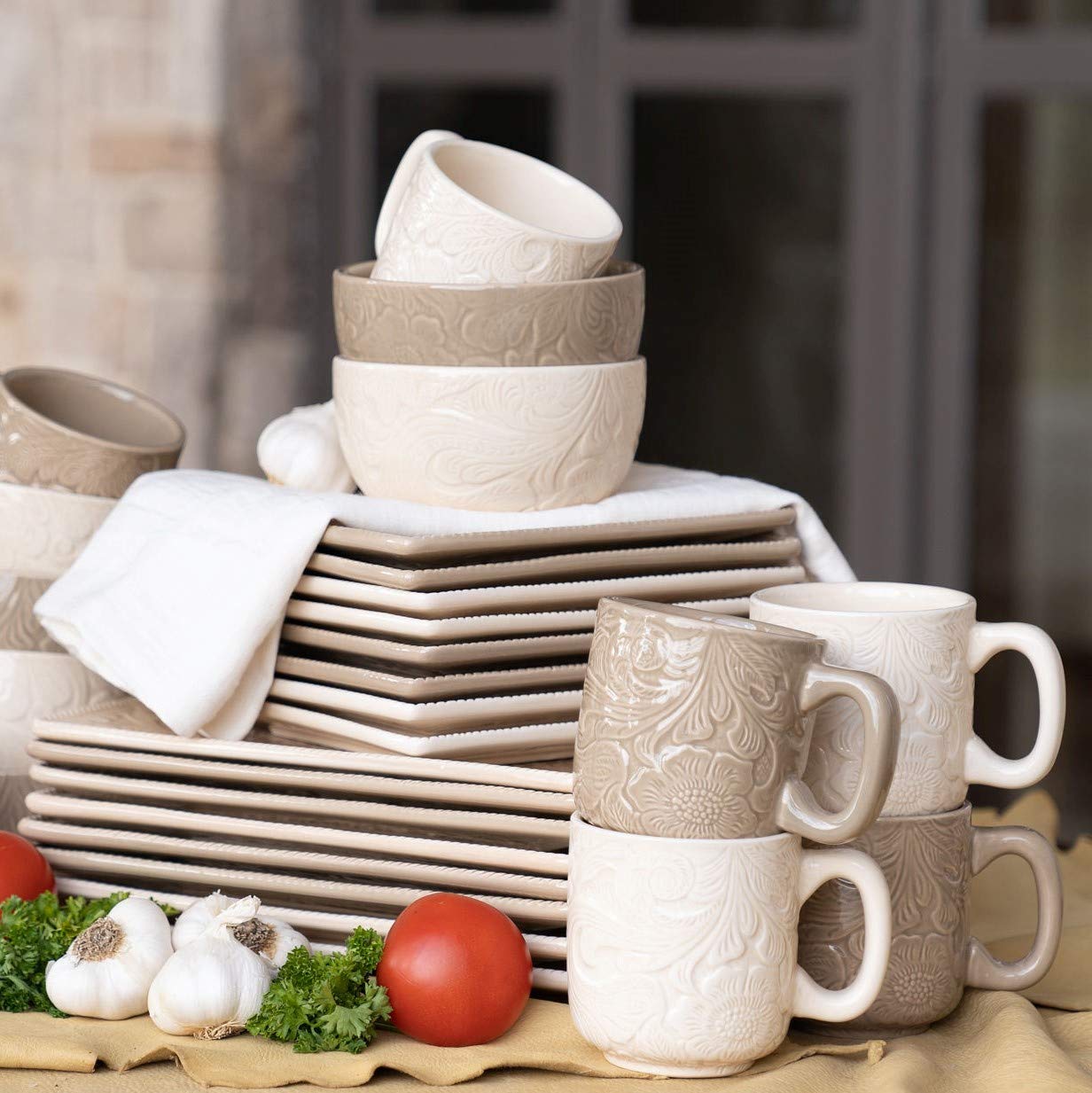 HiEnd Accents Savannah 16 Piece Ceramic Dinnerware Set with Plates, Bowls, Mugs, Cream Tooled Leather Floral Pattern, Modern Rustic Western Style