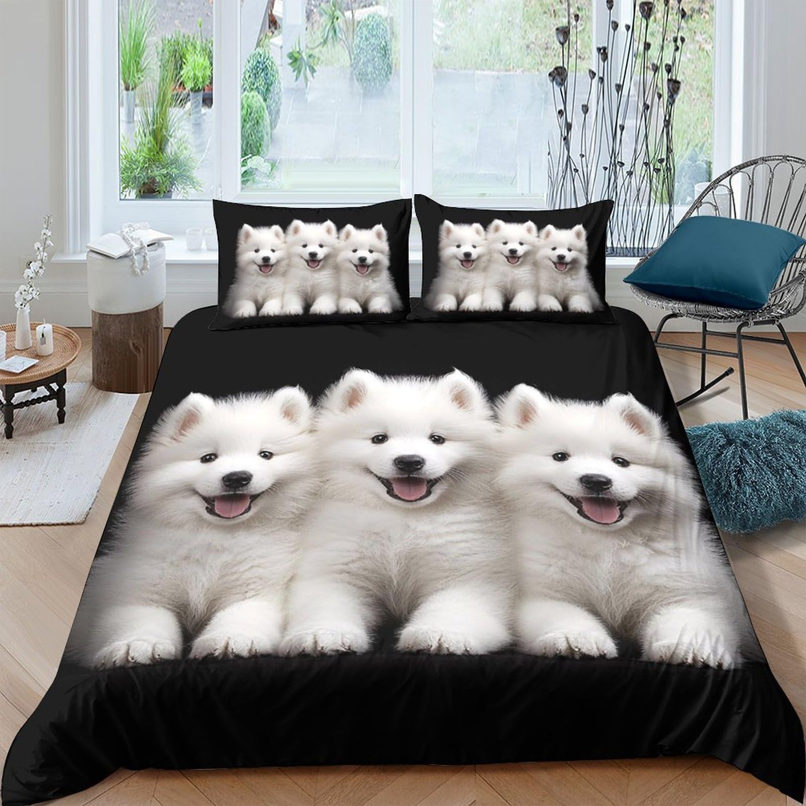 Ctjqhvkz Style-5 3D Printed White Samoyed Fitted Sheet Microfiber Black Dog Bed Cover Anti-Slip Washable For Bedroom Guest Room Single（135X200cm）
