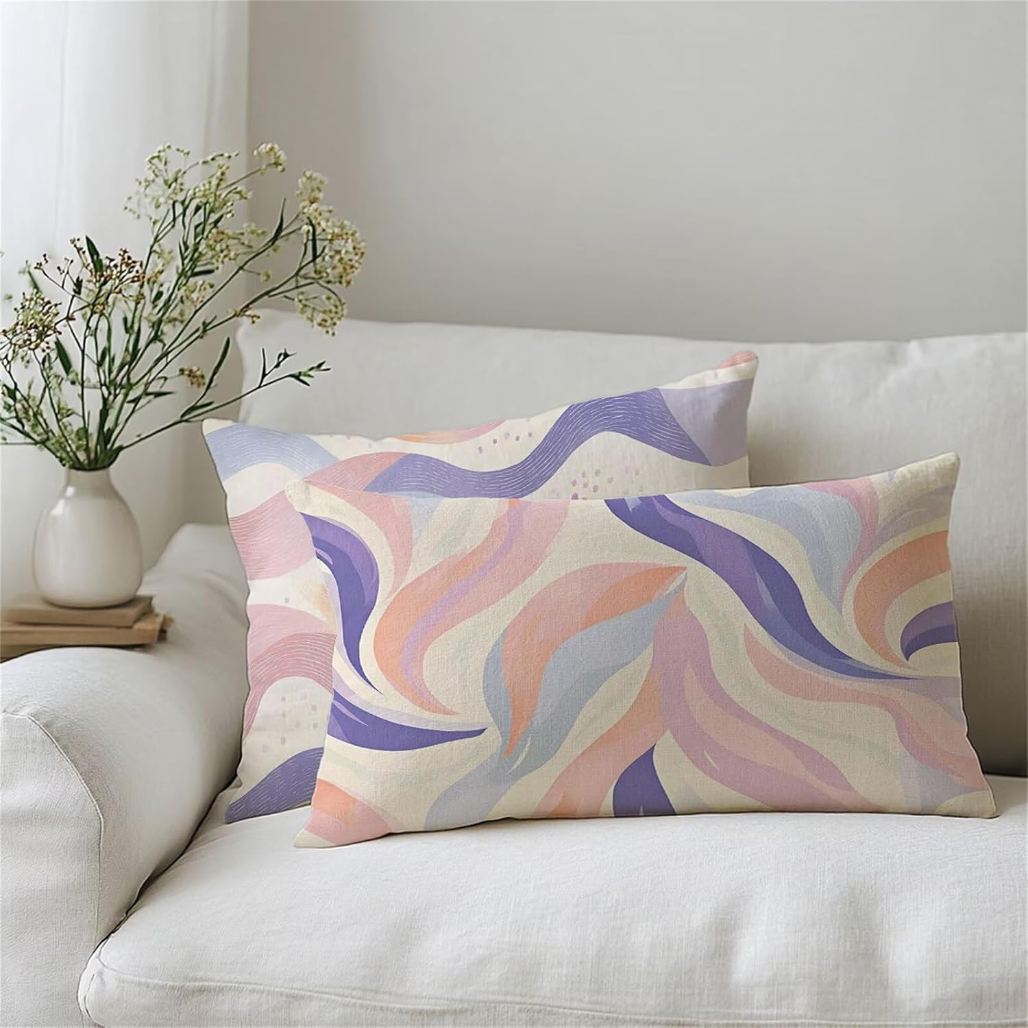 クッションカバー紫 70x90 cm 防水 亜麻 アウトドア クッション 長方形 2枚 両面プリント枕カバー 隠しファスナー付き，腰