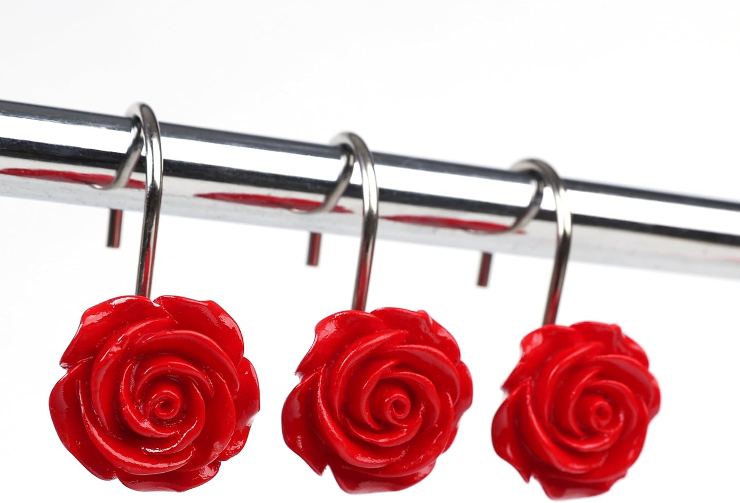 Twofish Home Red Rose Flower Shower Curtain Hooks Anti Rust Shower Curtain Hooks Decorative Resin Red Rose Flower Shower Curtain Rings Set of 12