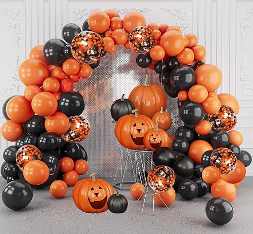 Globos negros y naranjas, globo de confeti negro y naranja de 12 pulgadas para celebración de Halloween, fiesta de truco o trato, barra espeluznante