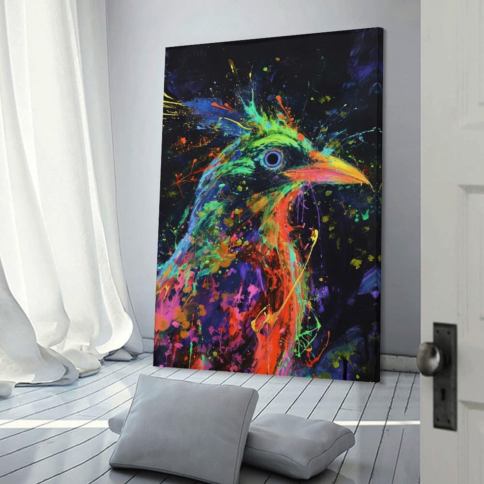 Junmoney Frame-Style-22 Hanging Wall Art Colorful Bird Painting On Black Background, 08X12inch(20X30cm), For Gallery Wall Layouts In Home Or Office, An Easy Match For Collected Prints