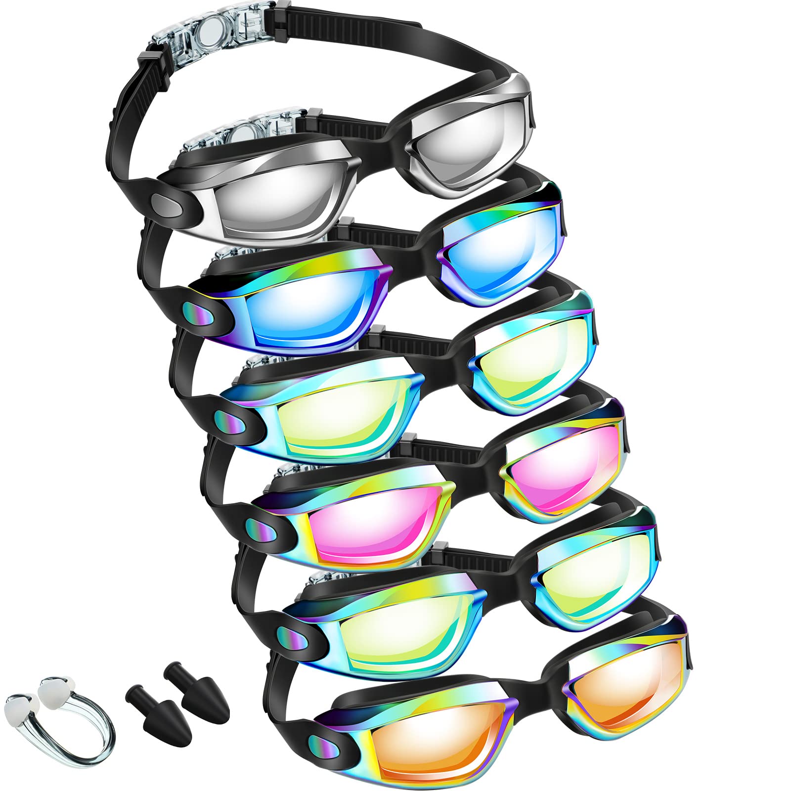 Gogle pływackie przeciwmgielne okulary pływackie nie przeciekają pełna ochrona gogle basenowe okulary do pływania z 6 zatyczkami do uszu klips do nosa dla dorosłych mężczyzn kobiet młodzieży, 6 kolorów