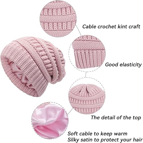 Miniatura 3 de Gorro de invierno para mujer, sombrero de protección para el cabello, gorro de punto cable suave, gorro de nieve con forro de satén para mujer