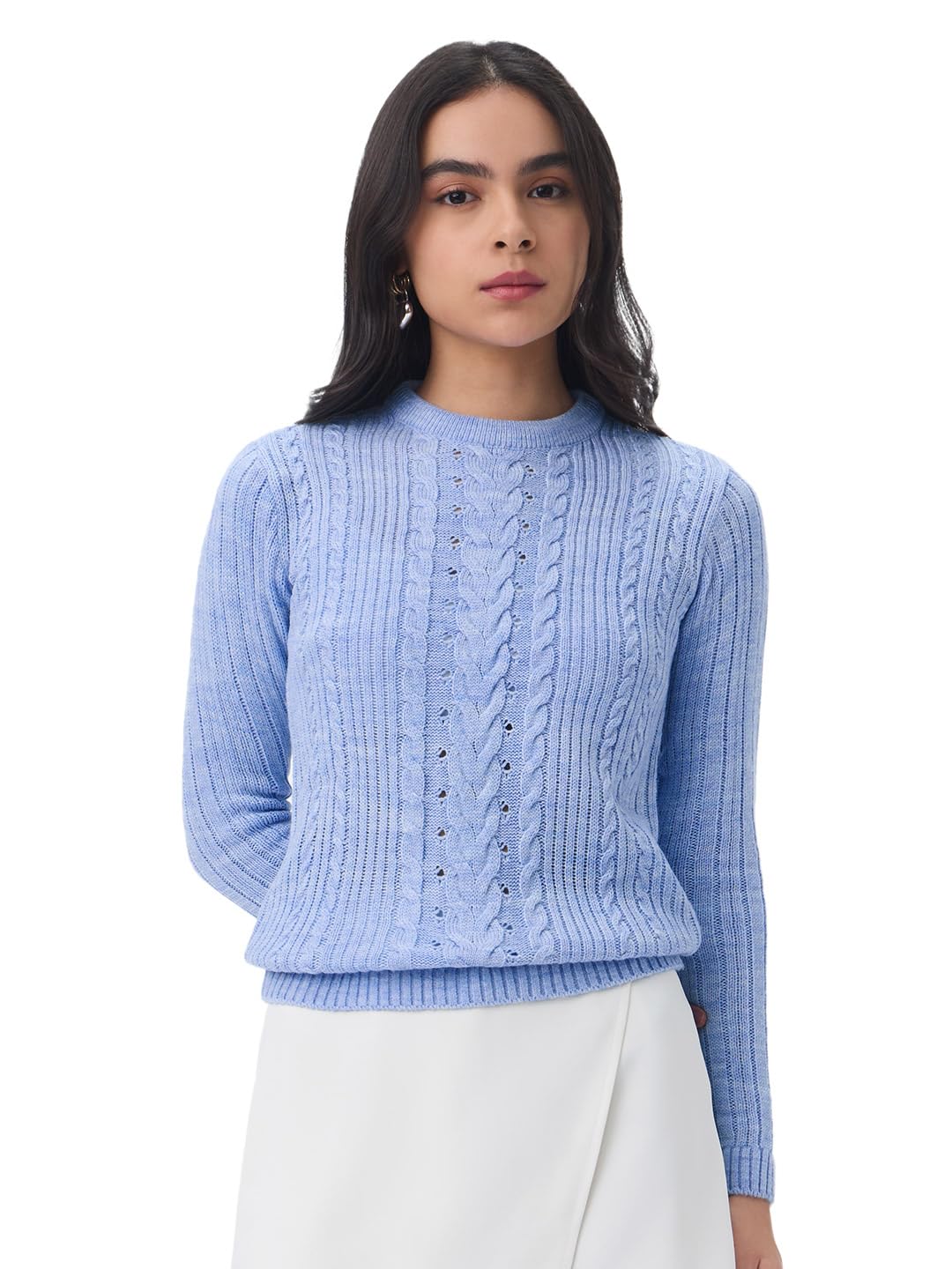 the souled store Cable-Knit Sweater: Periwinkle Women and Girls Full Sleeves Round Neck Light Blue Knitted Acrylic Regular Fit Ribbed Casual Lightweight Pullover Sweater-picture-51