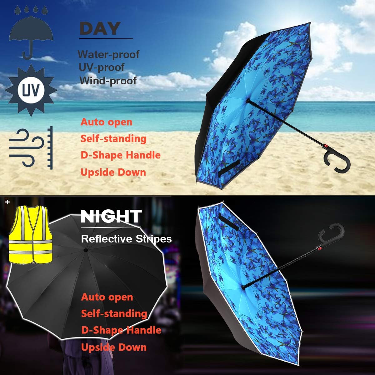 SIEPASA Auto Open Reverse Umbrella, Inverted Umbrella, Upside Down Umbrella (Blue Butterfly,Auto)