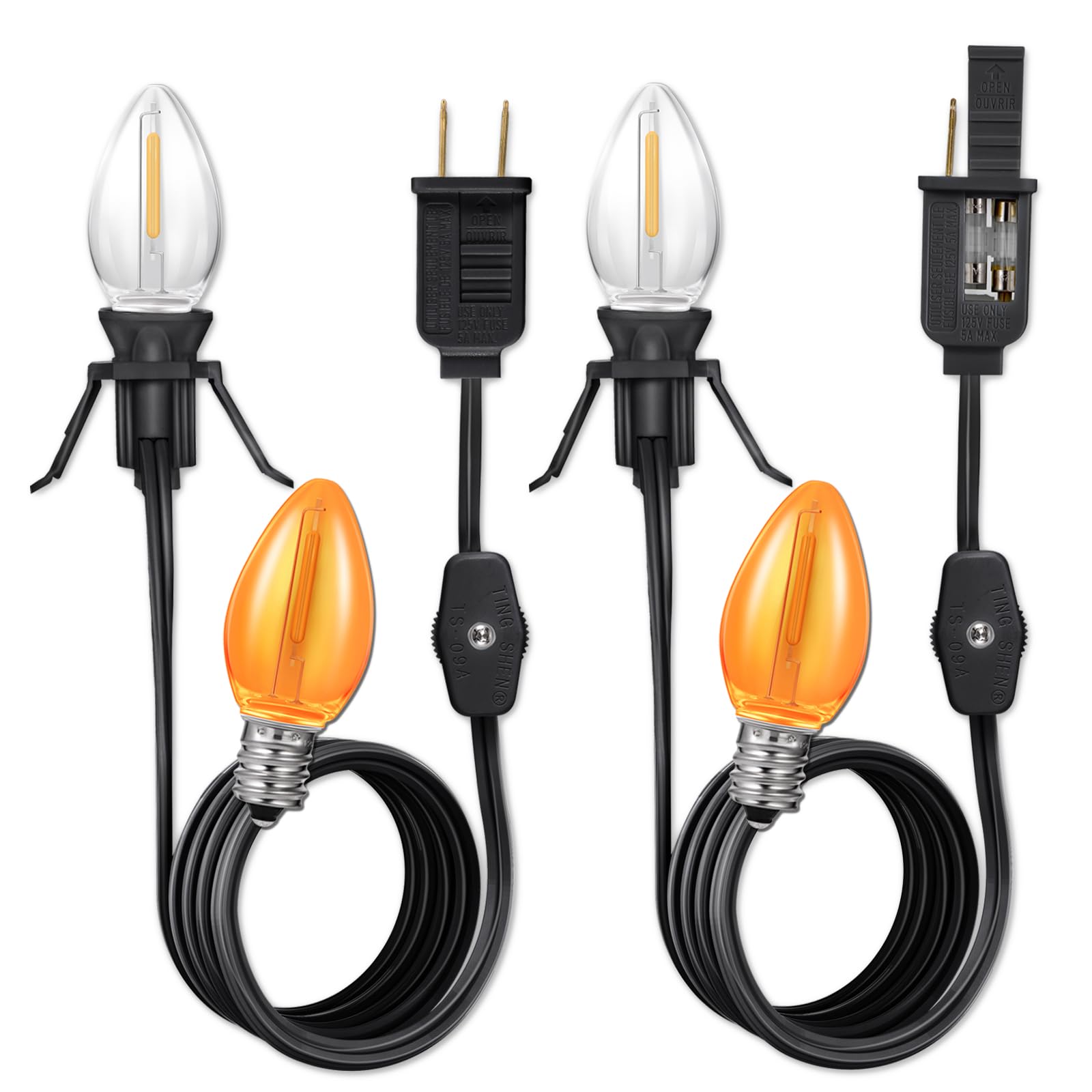 EMNOOTI Clip in Light Cord,Accessory Cord with Light Bulb,Candelabra-Base E12 Socket UL Listed Christmas Village House Lights,Ceramic Trees Light (2-Pack 6ft Cord,1 Lamp Socket, Black Cord)