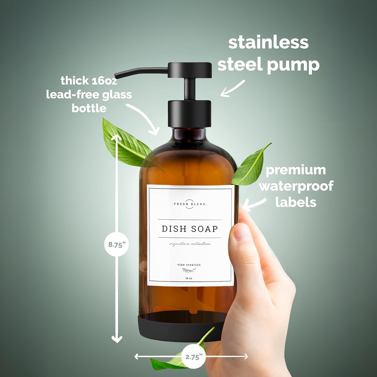 Vine Creations Amber Glass Soap Dispenser Set - Kitchen Soap Dispenser Set with Stainless Steel Pump - 16 oz Dish Soap and Hand Soap Dispensers for Bathroom with Silicone Pad & Waterproof Labels - Image 6