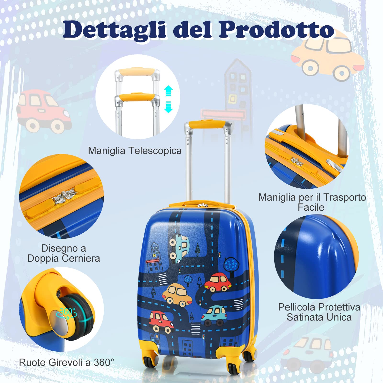 DREAMADE Trolley per Bambini, Set di Zaino + Trolley da Viaggio con Maniglia Leggero con Ruote (12"+18", Auto)