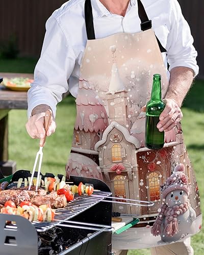 Miniatura 5 de Delantal con peto de Navidad rosa con bolsillos, impermeable, delantal ajustable para hombres y mujeres, muñeco de nieve de Navidad, copo de nieve