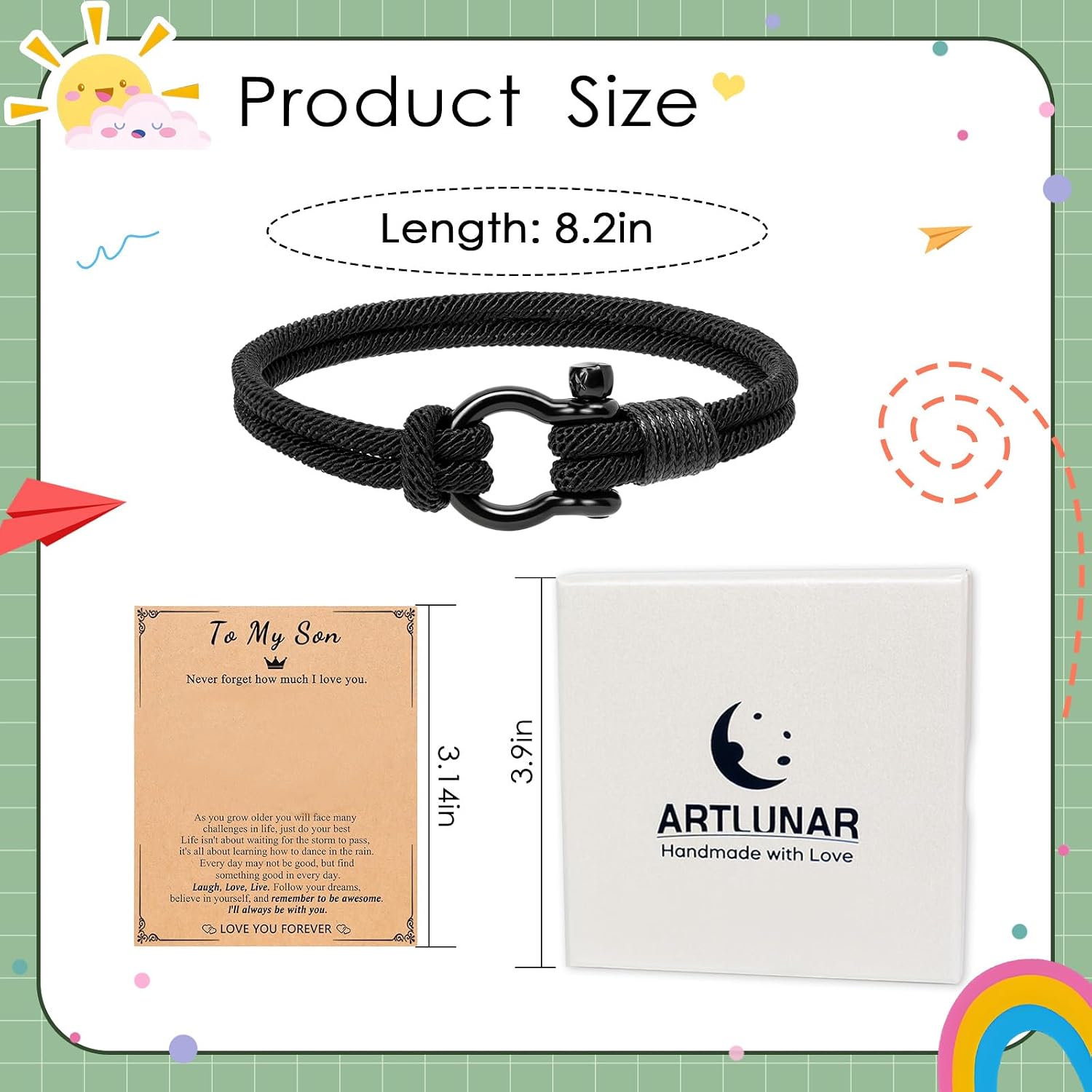 Artlunar Gifts for Son Grandson To My Son Bracelet Braided Rope Adjustable Bracelet Easter Christian Baptism Gifts