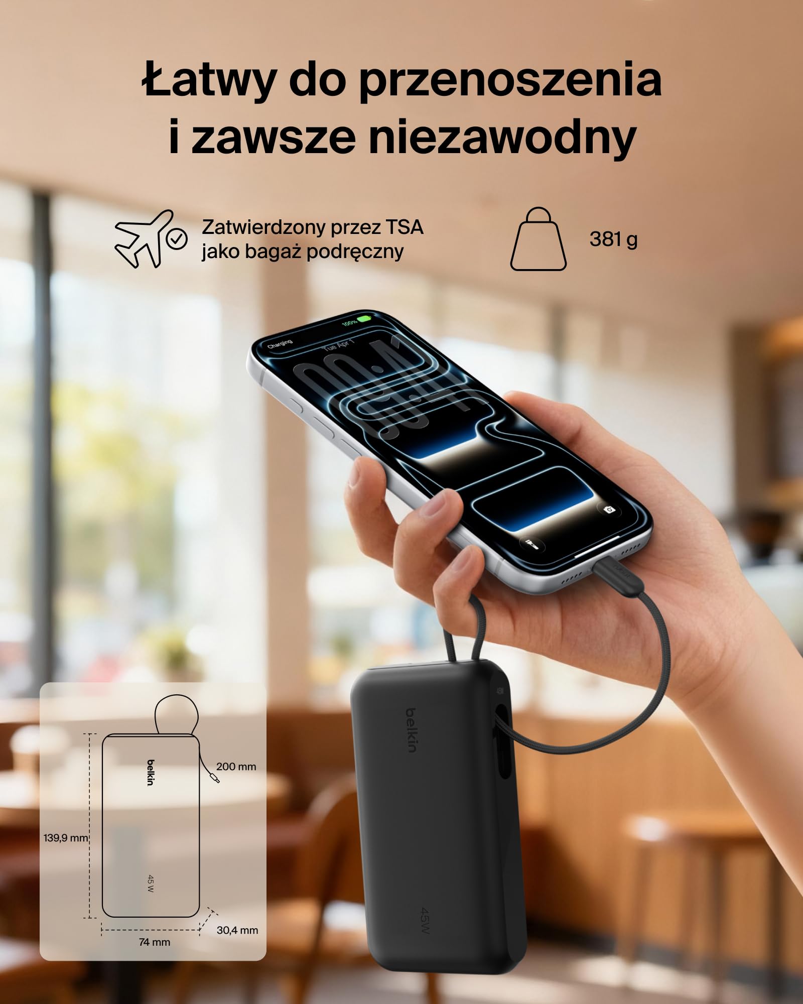 Belkin UltraCharge Powerbank 20 000 mAh, Kabel USB-C, Wyświetlacz – Czarny | Powerbank 20 000 mAh, Ładowanie 3 Urządzeń (1 Port USB-C, 1 Port USB-A, Kabel USB-C), 45 W, Wstępnie Naładowany, Wyświetlacz